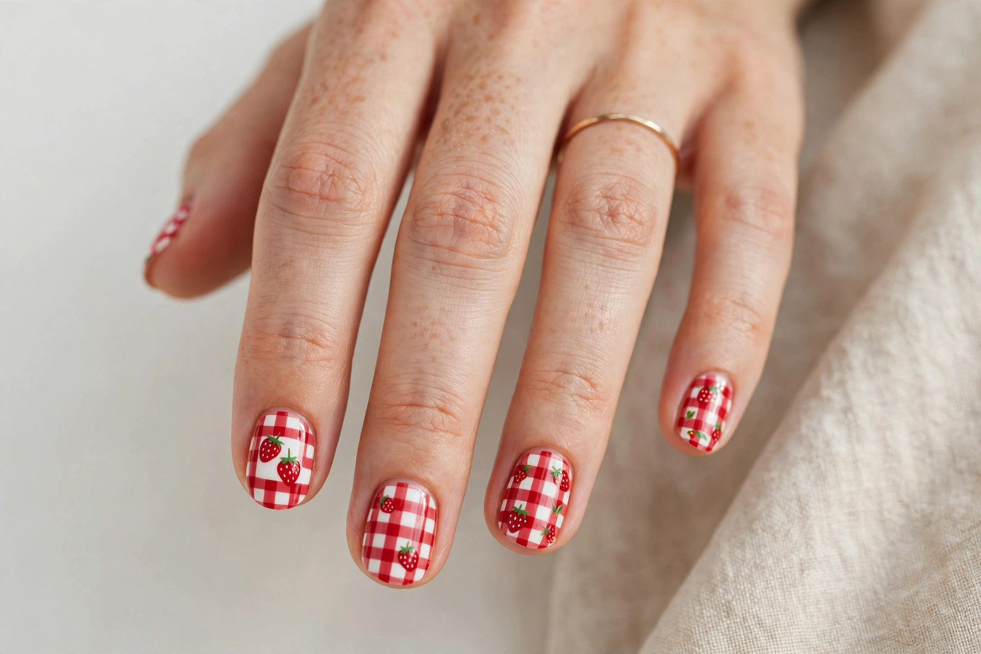 Red and white strawberry picnic plaid nail art, short nails
