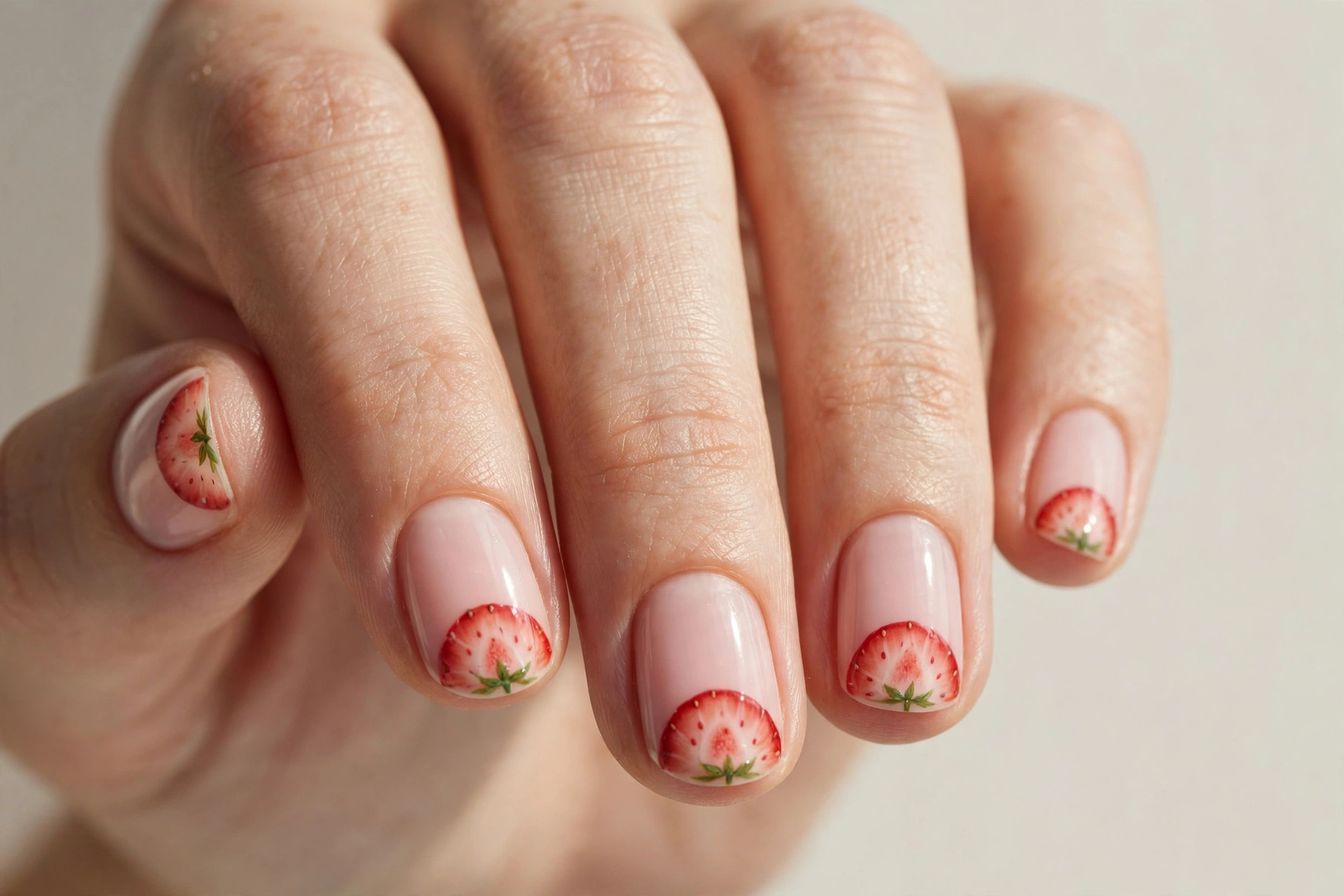 Strawberry slice half-moon nail art at the cuticle on pink base, short nails