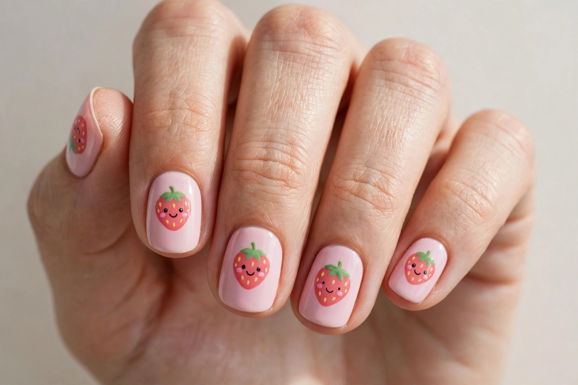 Kawaii smiling strawberry faces nail art on pastel pink base, short nails