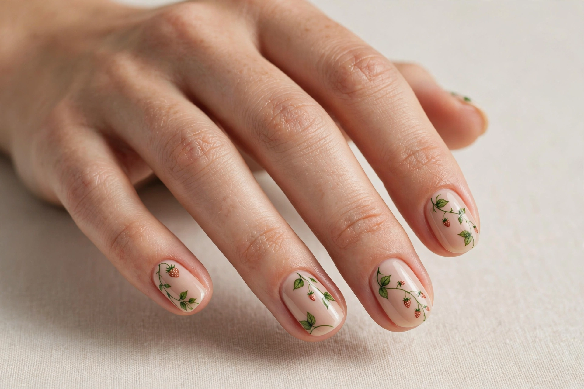 Strawberry and green leaf vine nail art on nude base, short nails