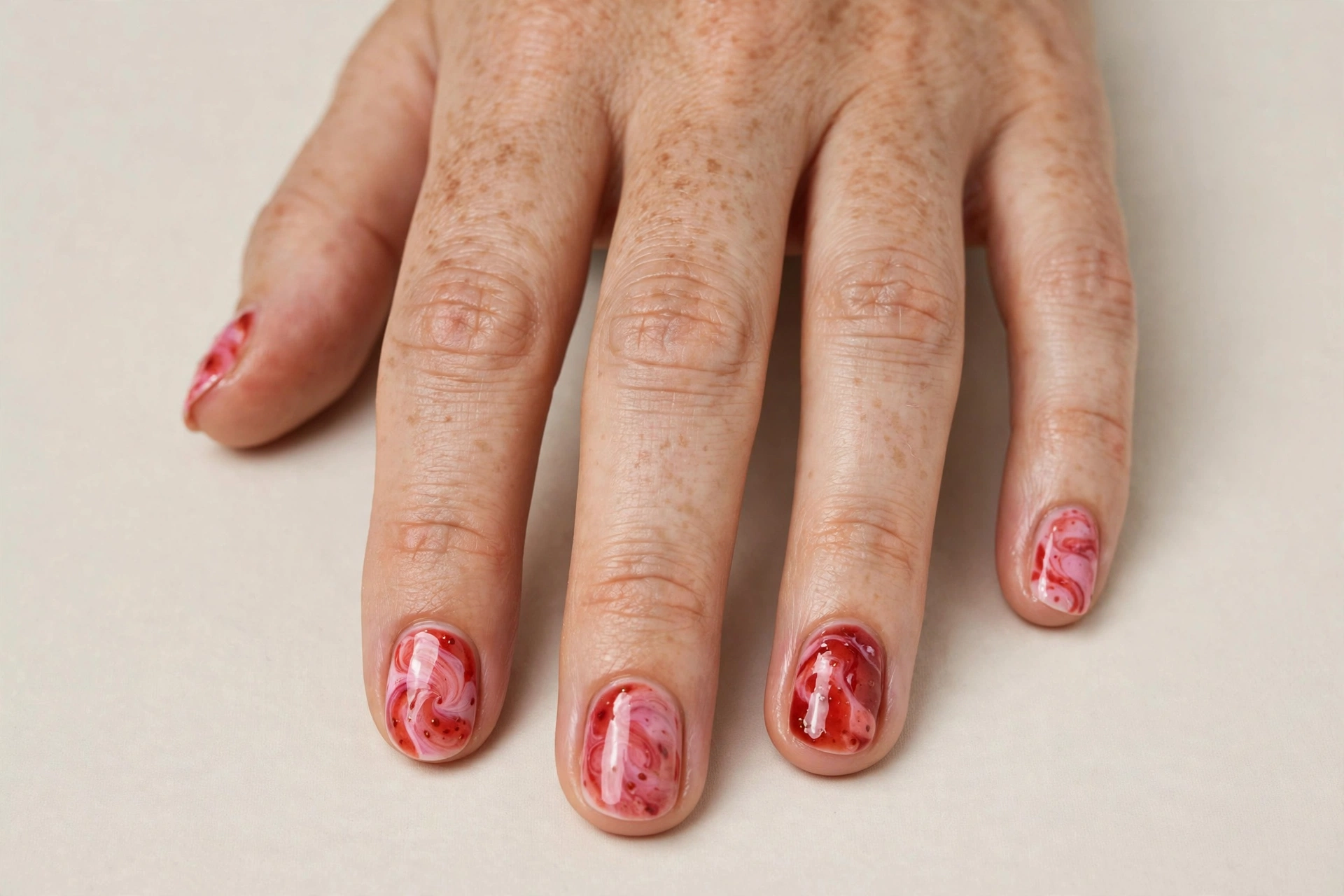 Pink and red strawberry jam swirl marble nail art, short nails
