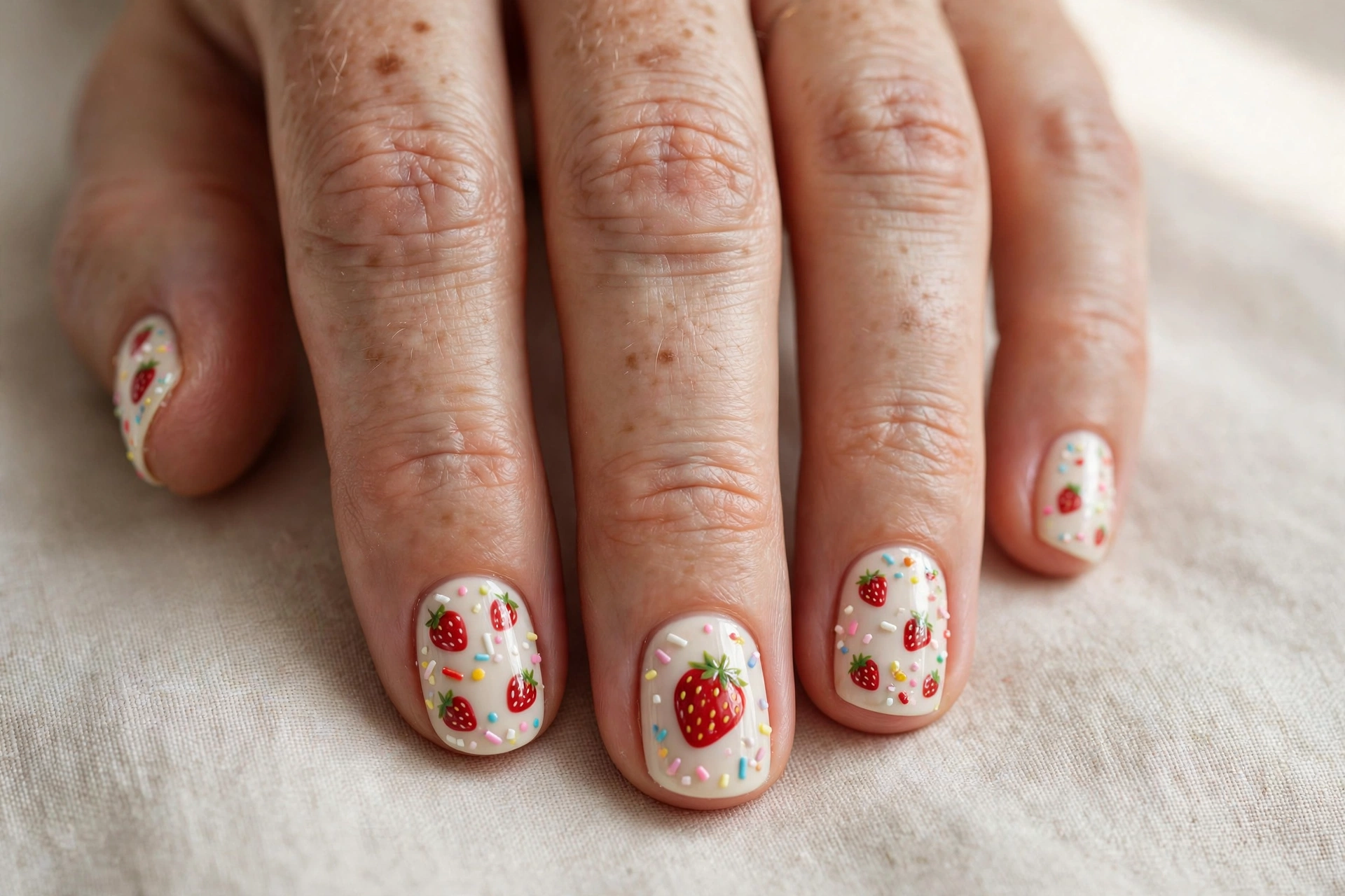 Strawberry shortcake nail art with cream base and sprinkles, short nails