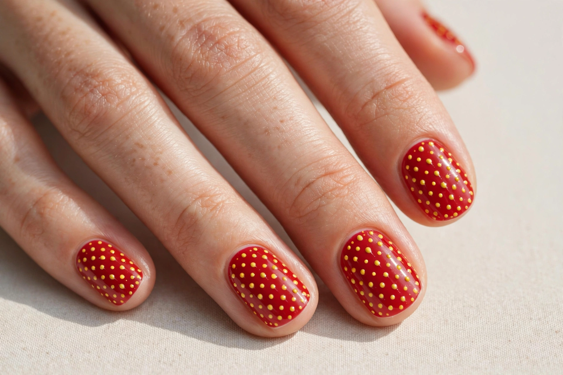 Red nails with tiny yellow strawberry seed polka dots, short nails