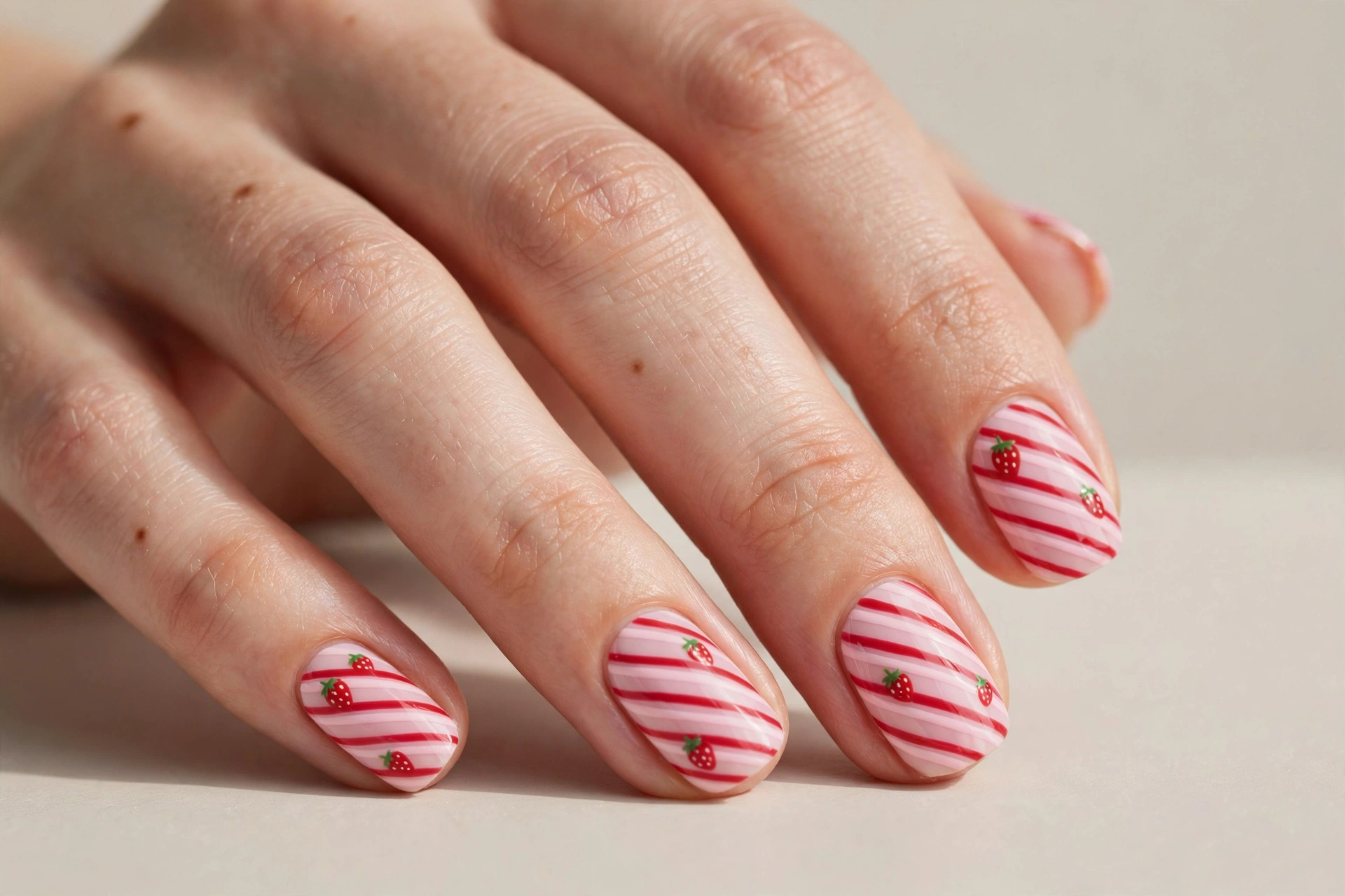 Pastel pink and red diagonal strawberry stripe nail art, short nails