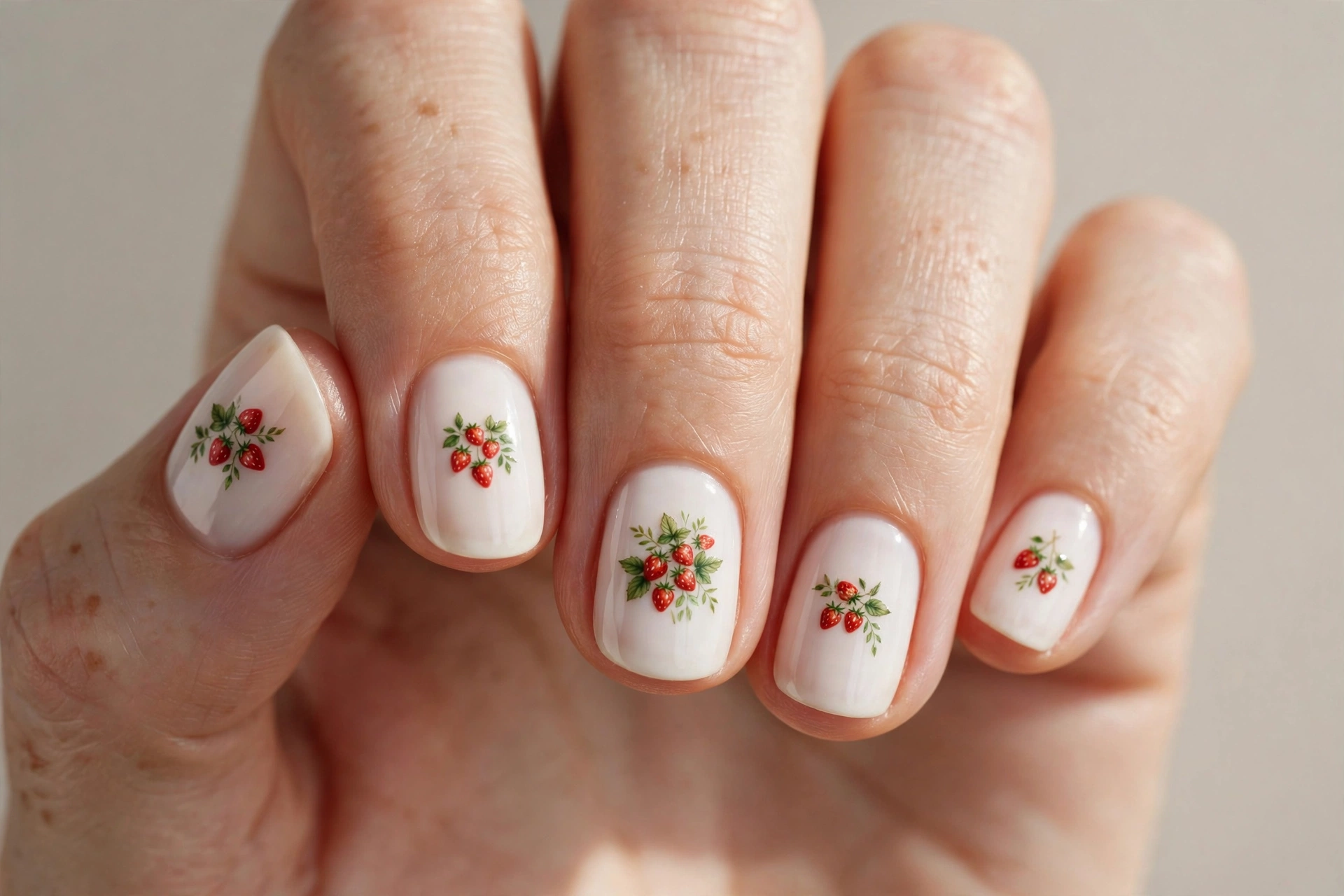 Tiny strawberry bouquet nail art clusters on white base, short nails