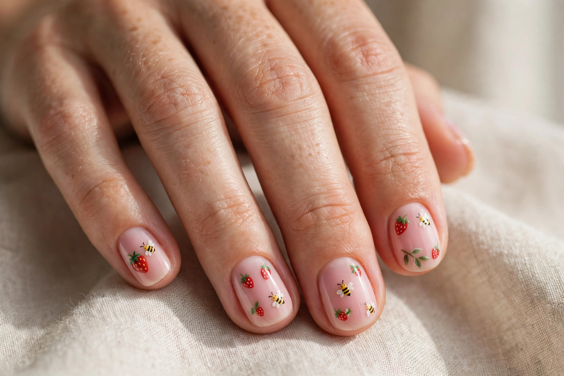 Strawberry and cute bee nail art on pink base, short nails
