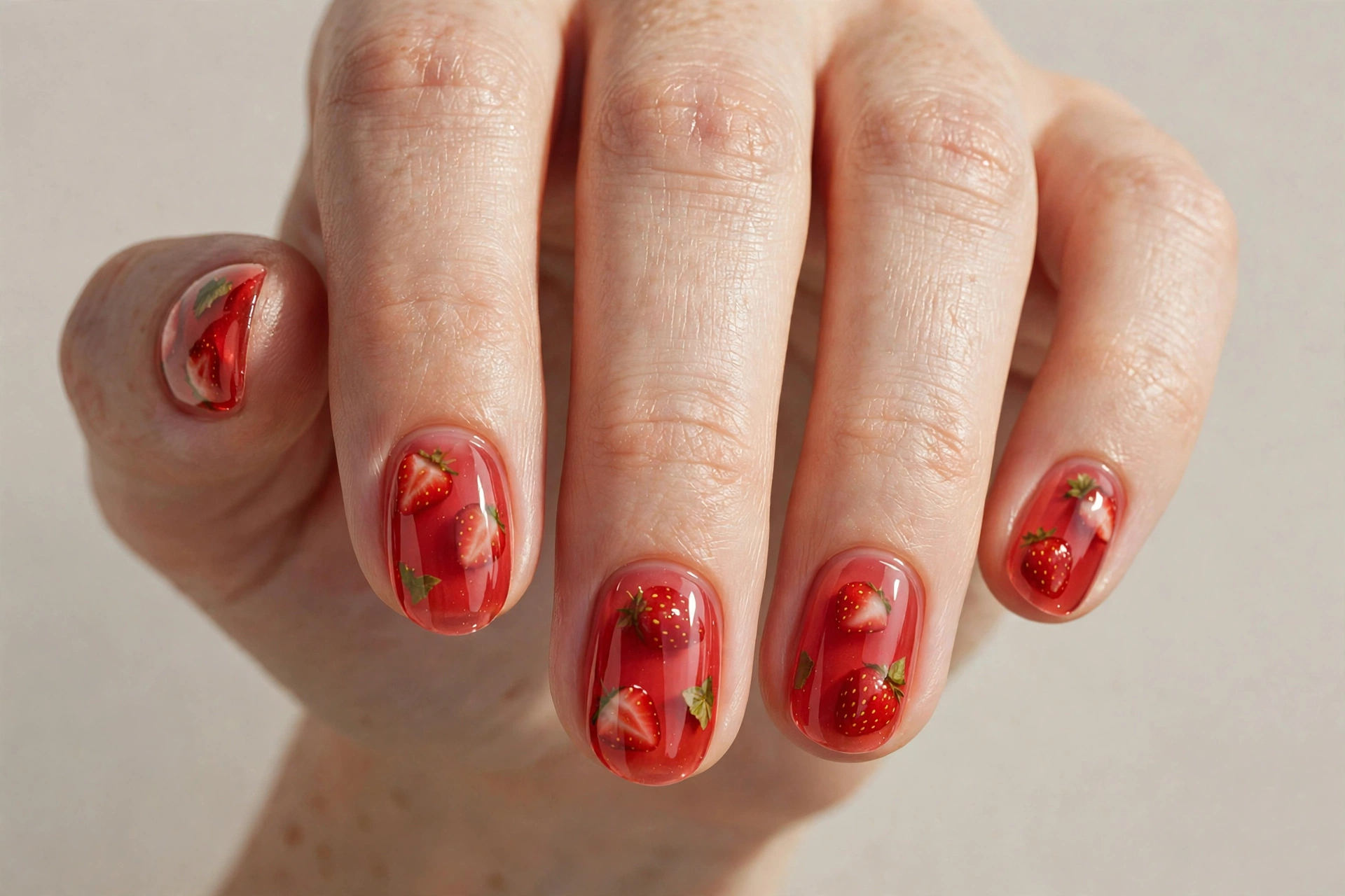 Glossy translucent red strawberry jelly nails with fruit details, short nails