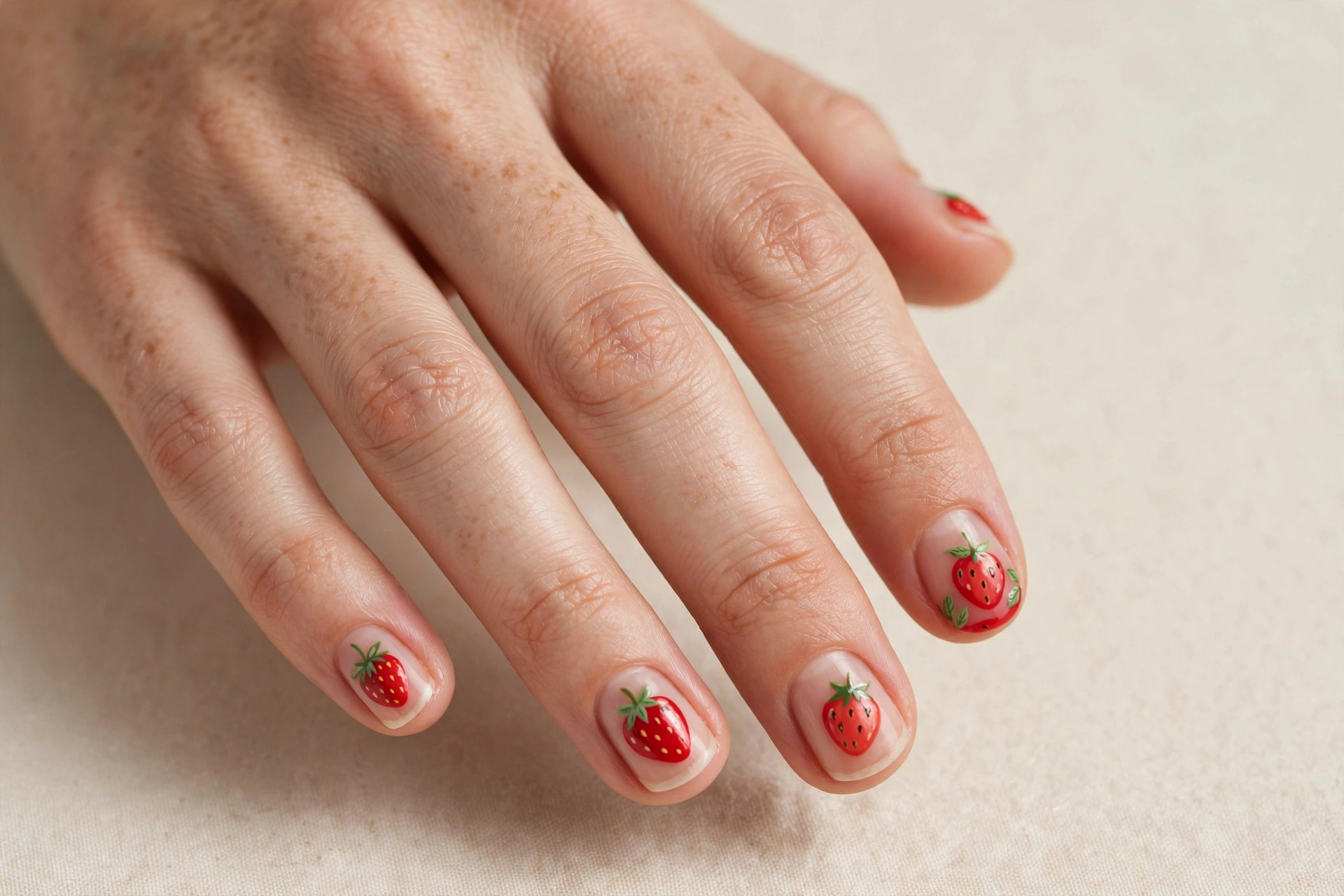 Cute red strawberry nail art on short natural nails
