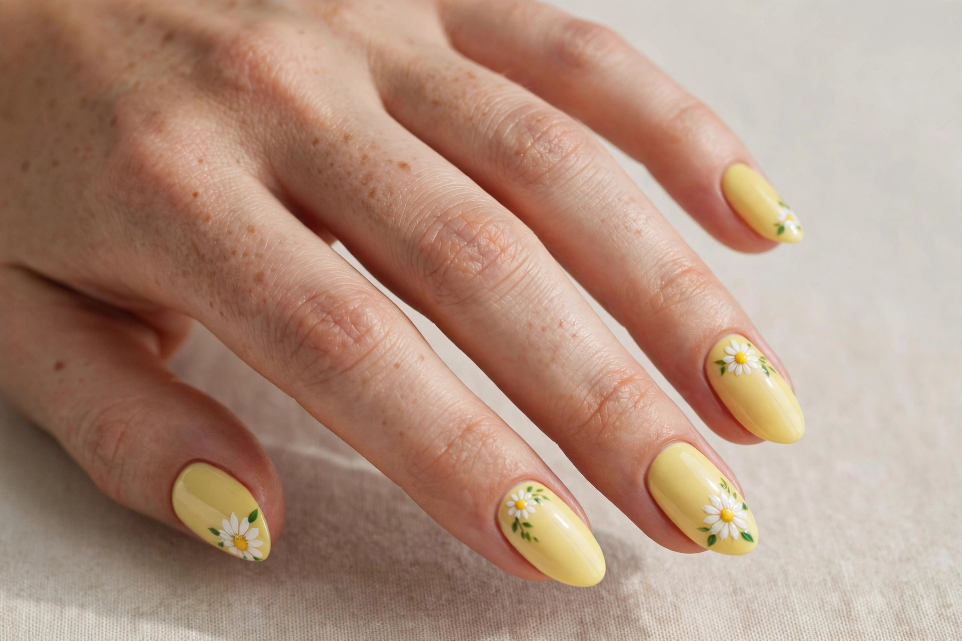 Lemon yellow nails with white daisy flower nail art