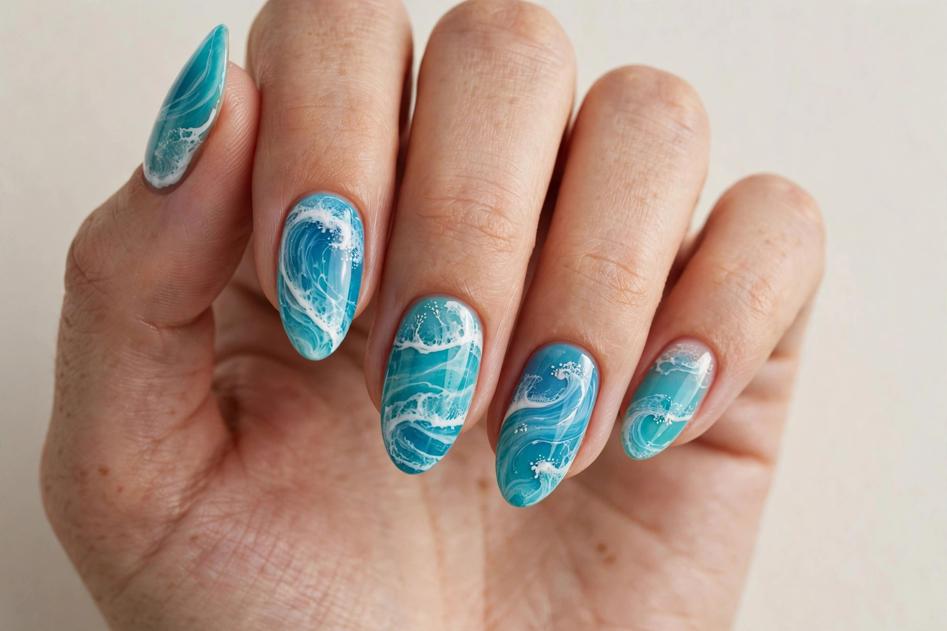 Turquoise ocean wave nail art design