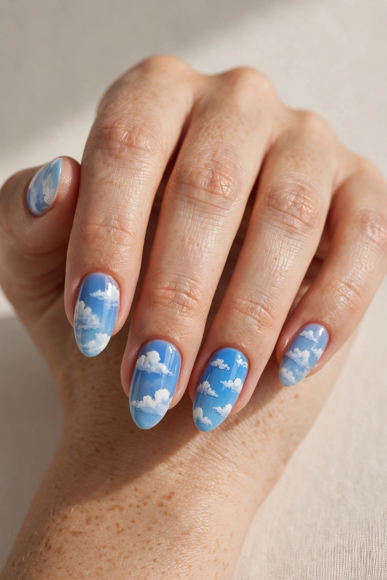 Blue sky and white cloud nail art