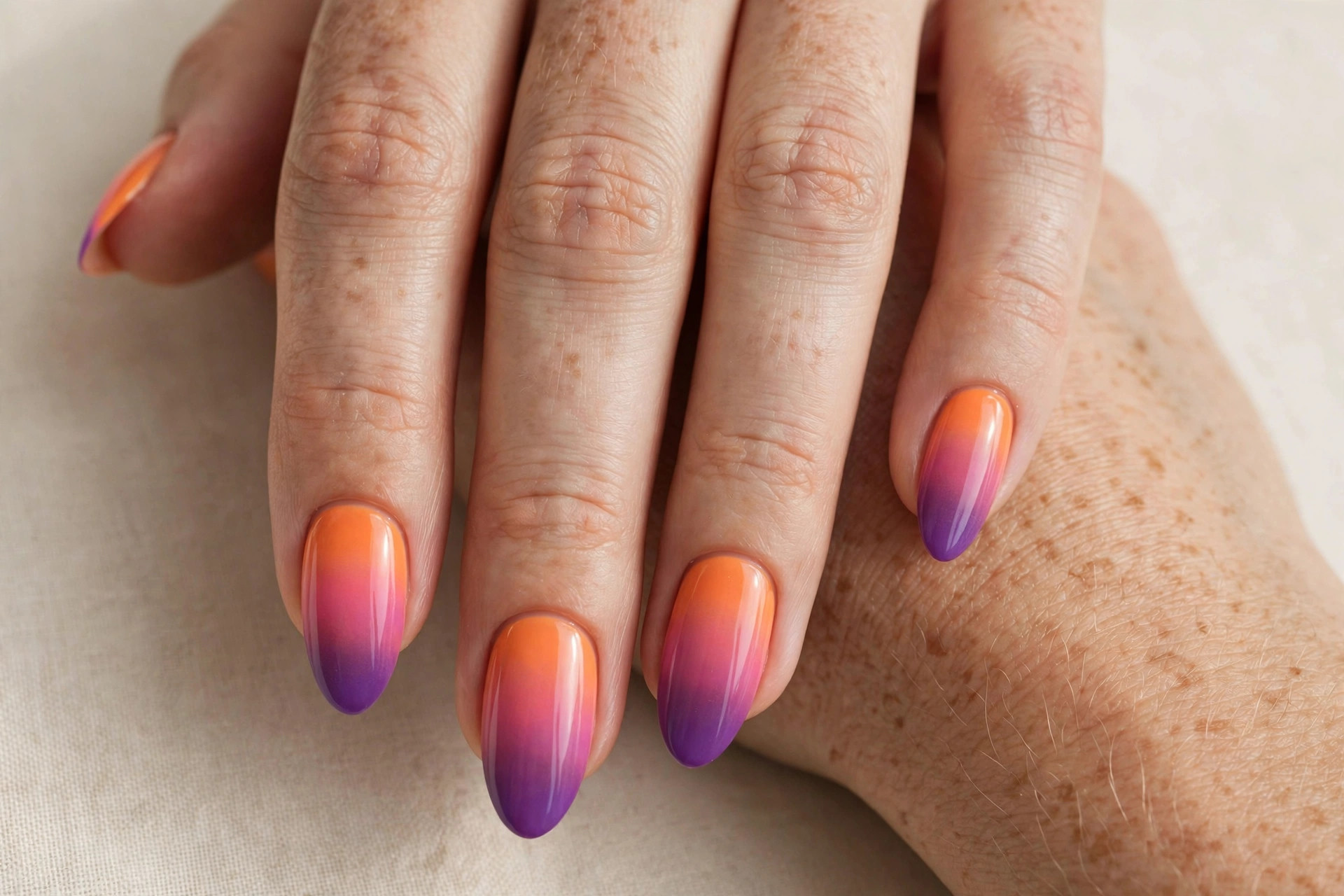 Sunset gradient nails in orange pink and purple