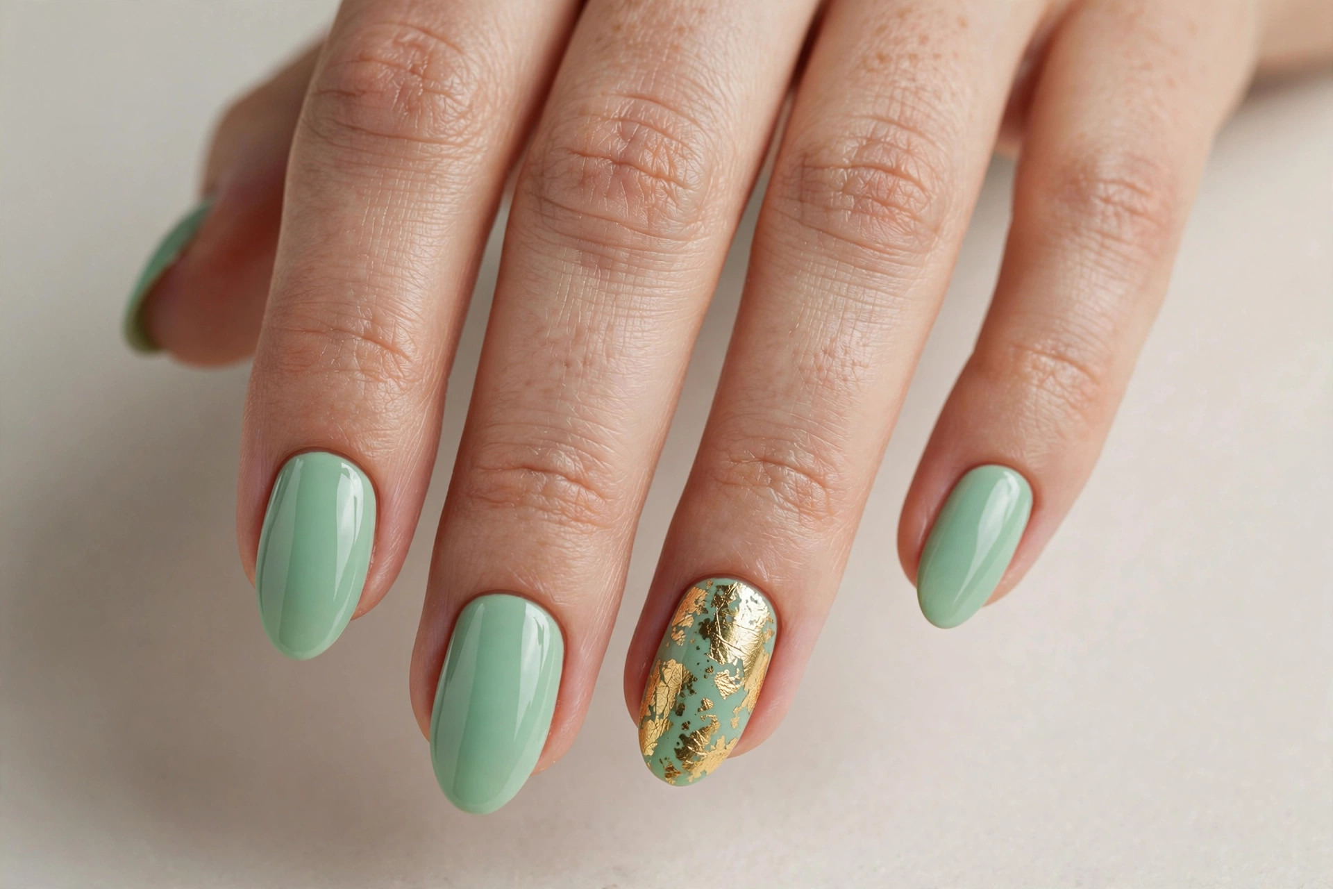 Mint green nails with gold foil accents