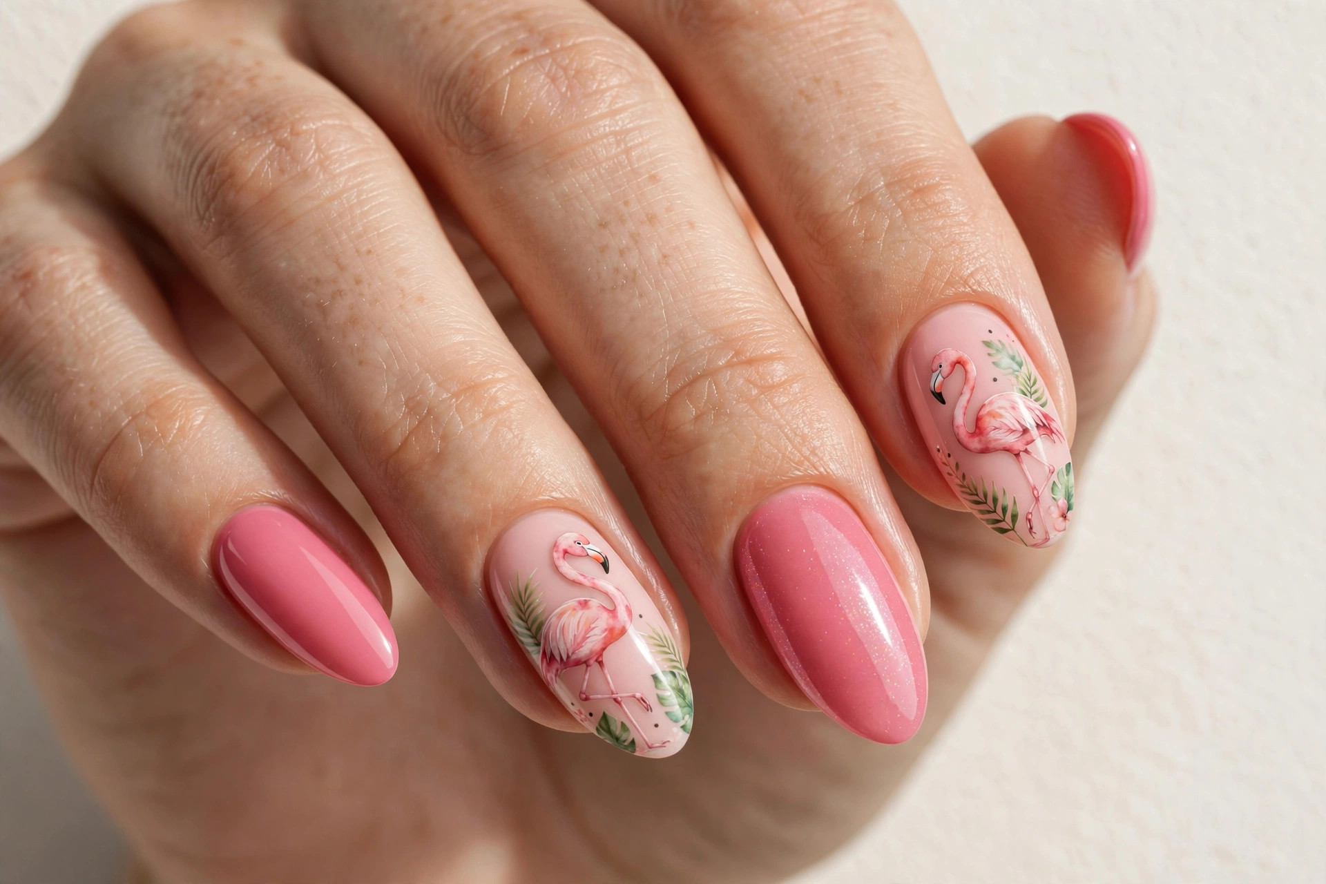 Flamingo pink nails with flamingo nail art