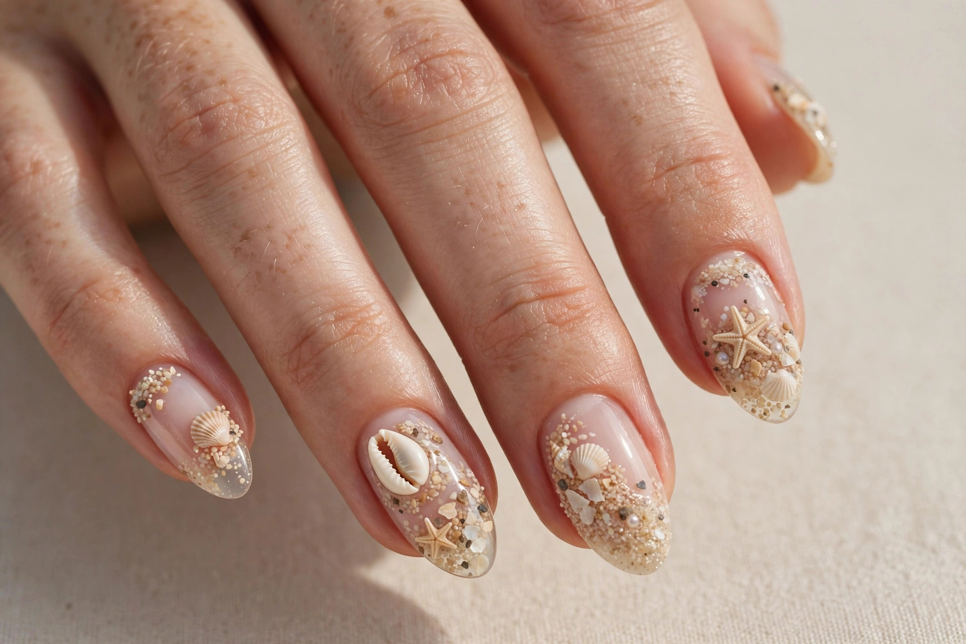 Beach sand and seashell nail art