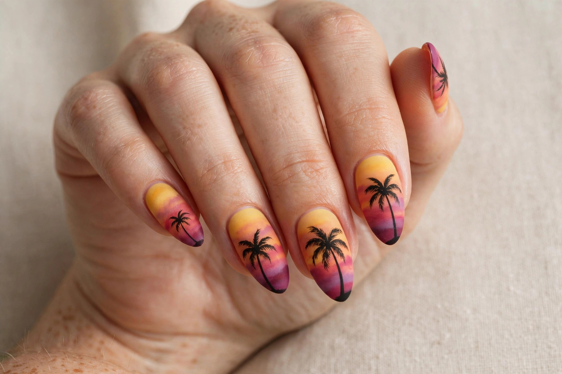 Palm tree silhouette nail art on sunset nails