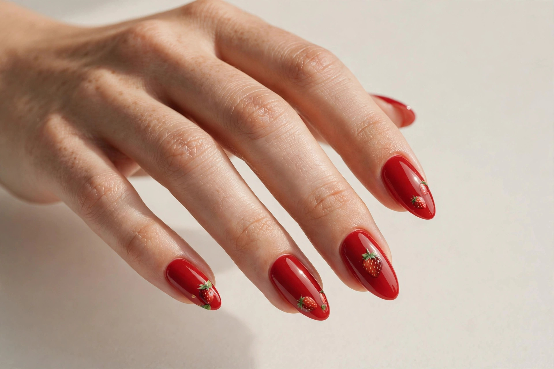 Strawberry red nails with strawberry nail art
