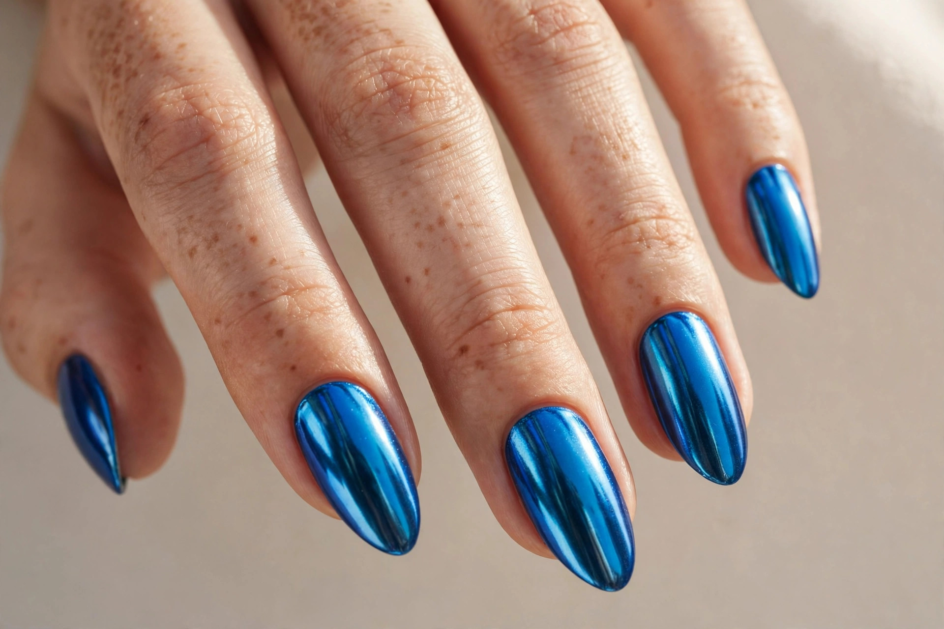 Electric blue chrome nail manicure