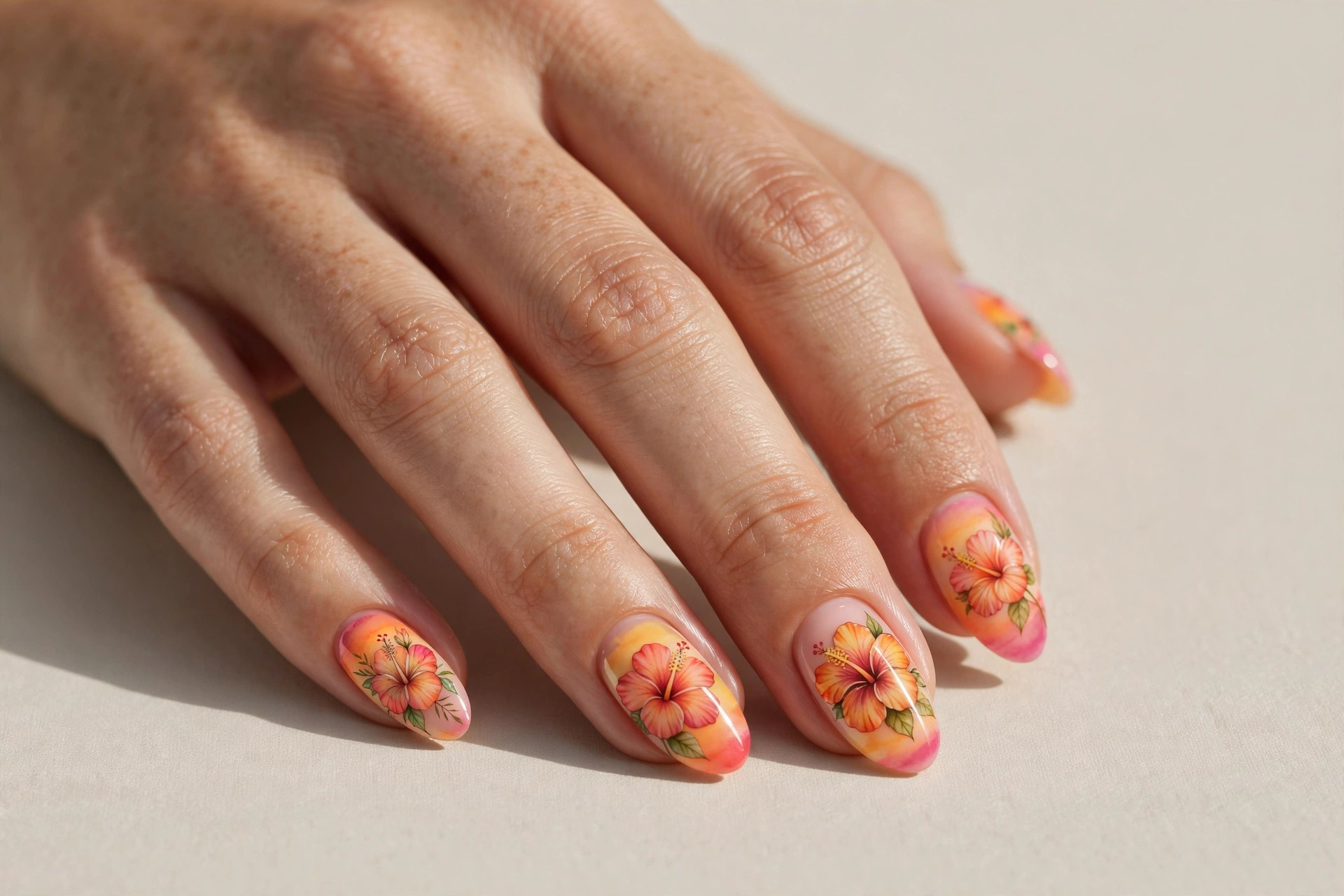Sunset hibiscus flower nail art