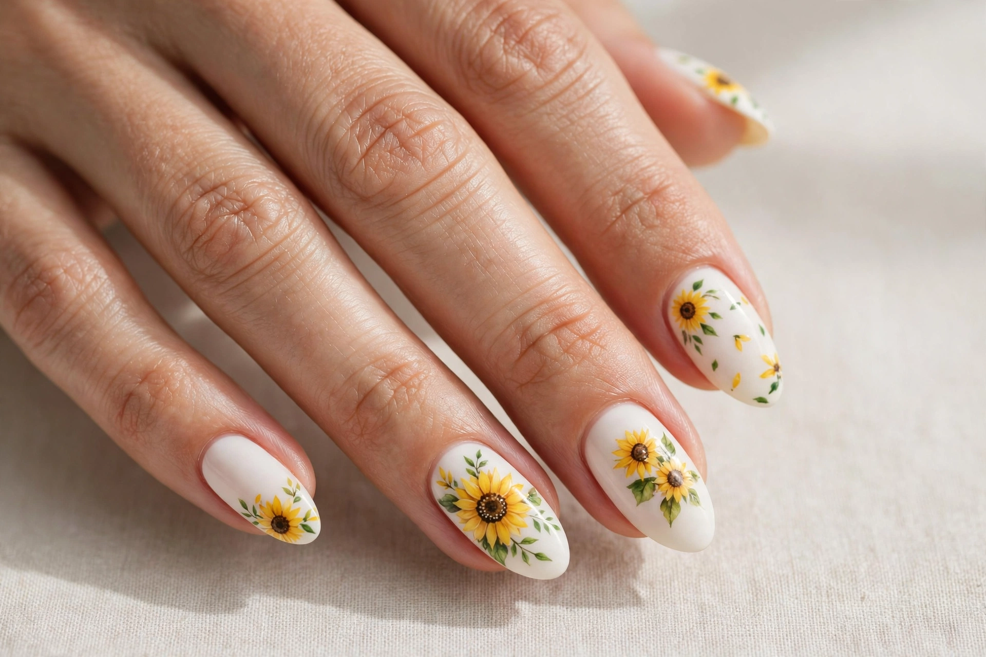 Classic yellow sunflowers on white nails