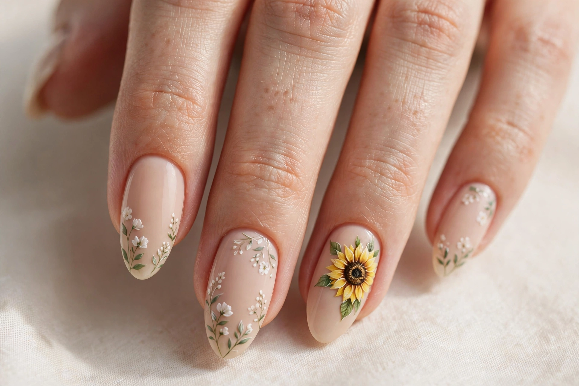 Sunflower accent nail on nude manicure