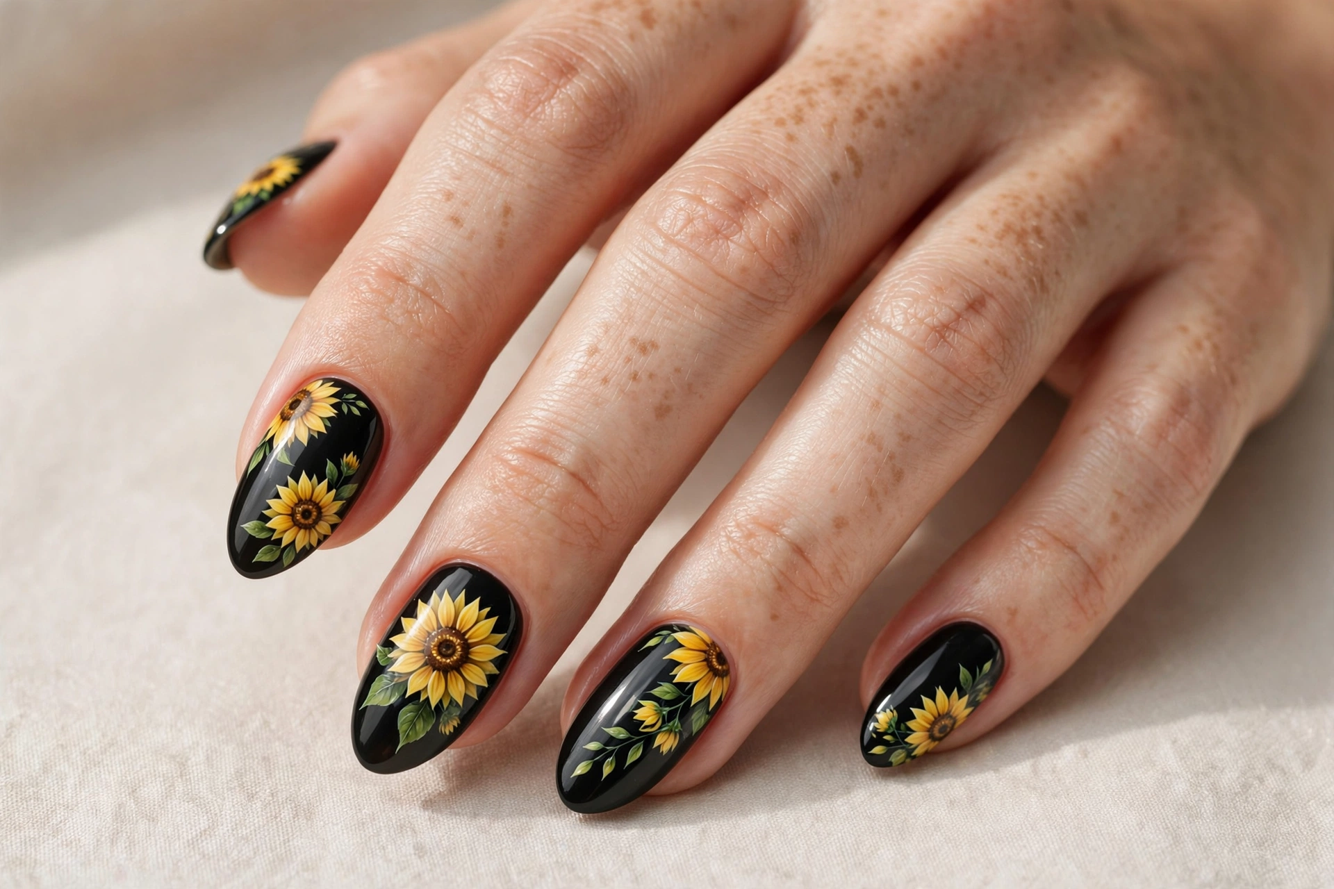 Yellow sunflowers on black nails