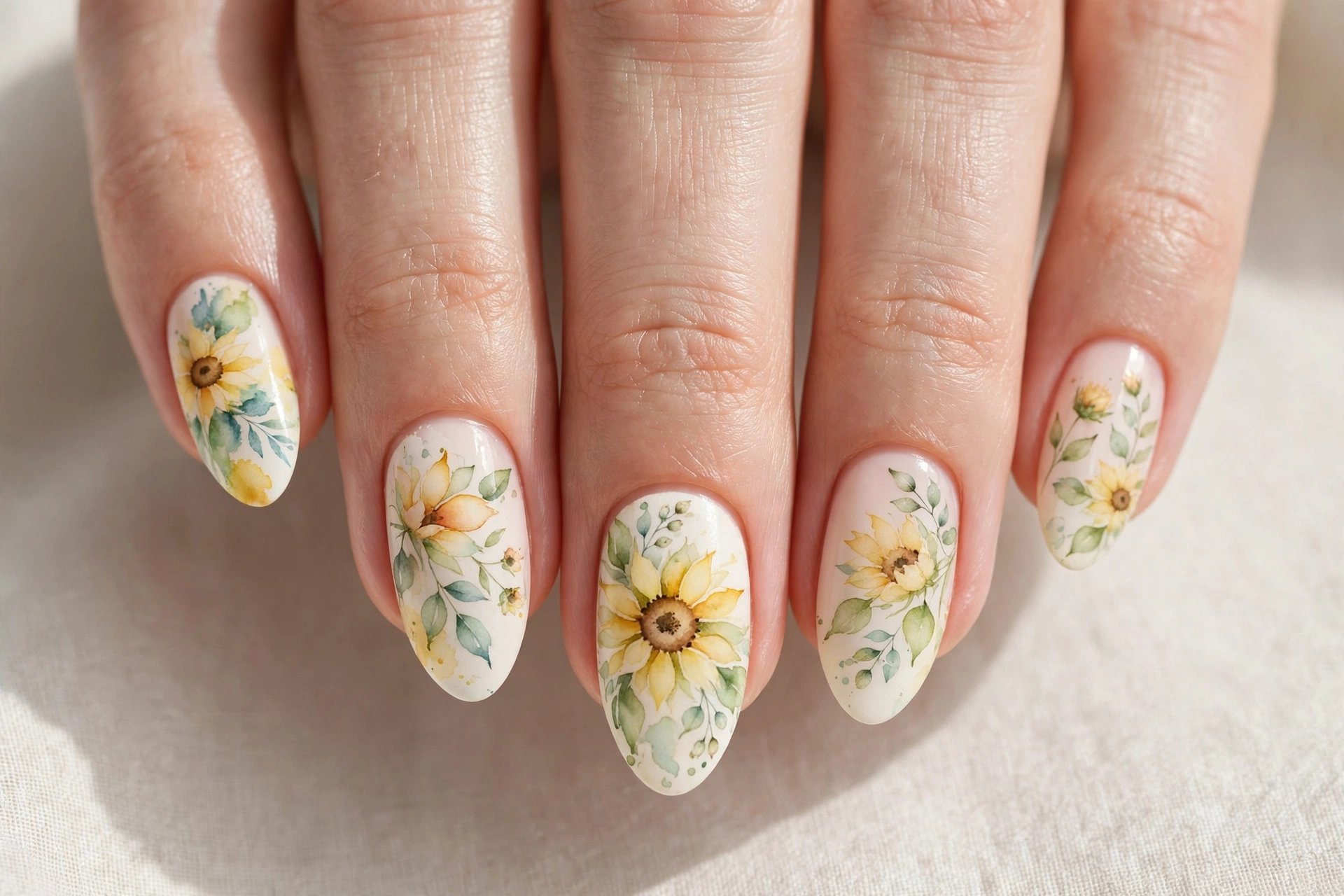 Watercolor sunflower nail art