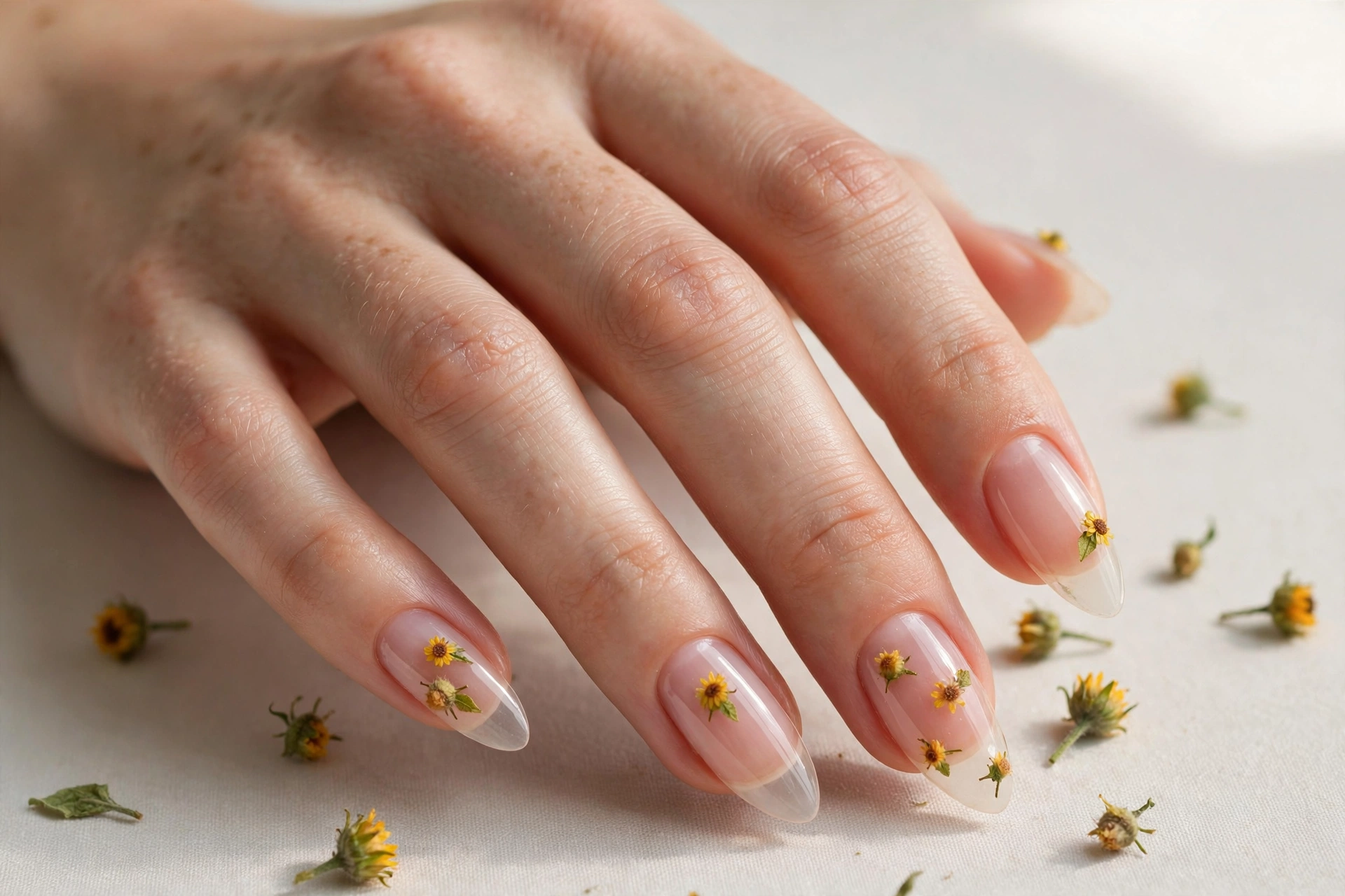 Tiny sunflower buds on sheer nails