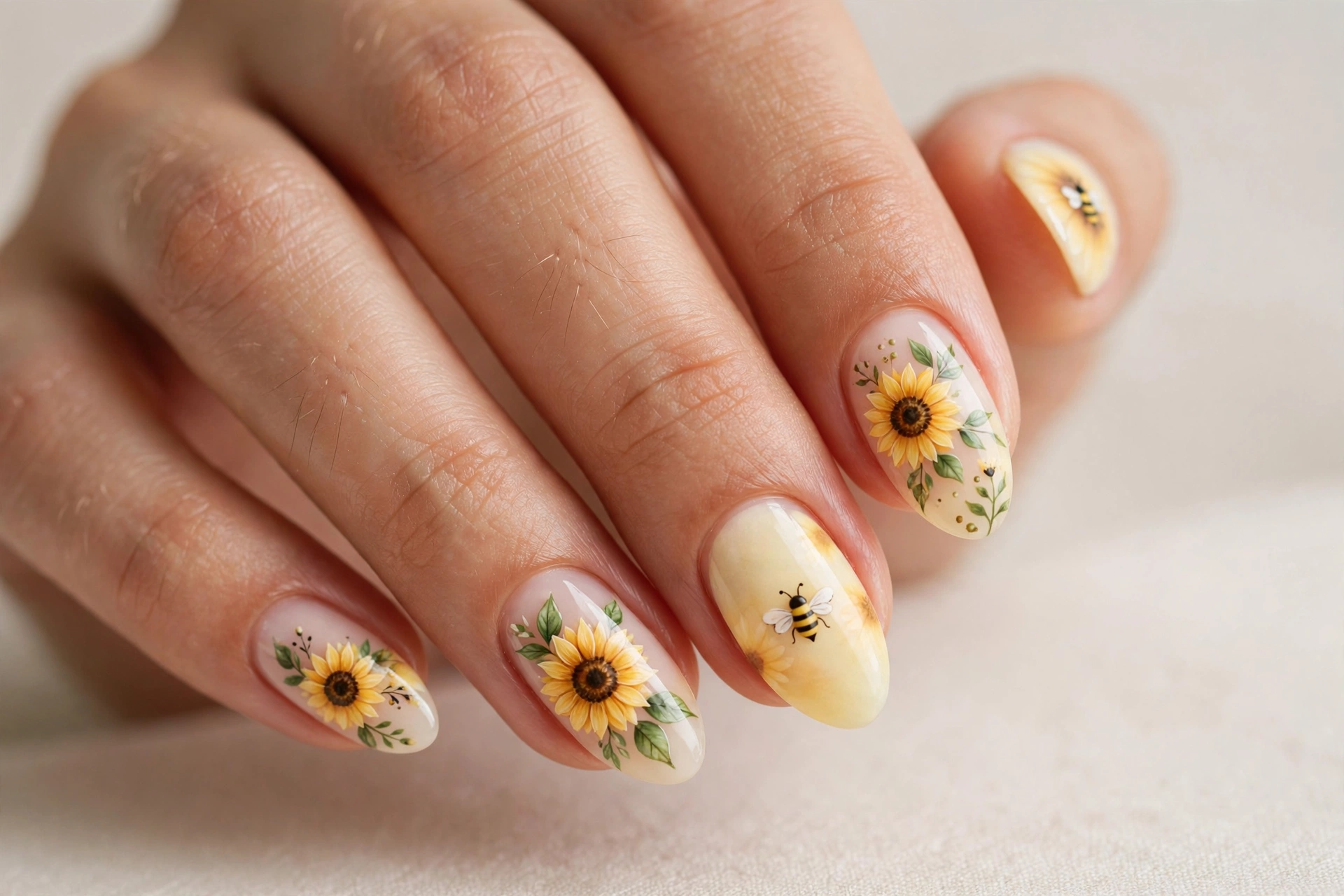 Sunflowers and tiny bees nail art