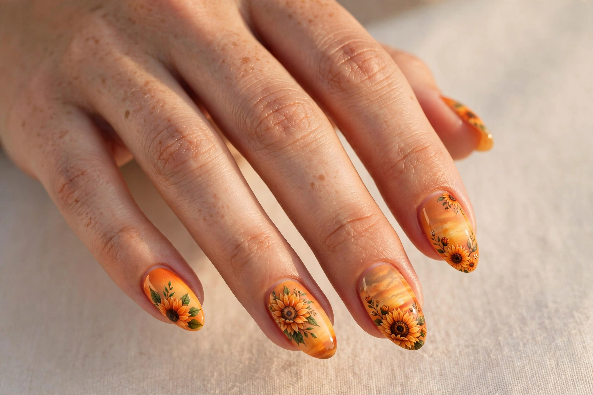 Sunset sunflowers in warm orange tones