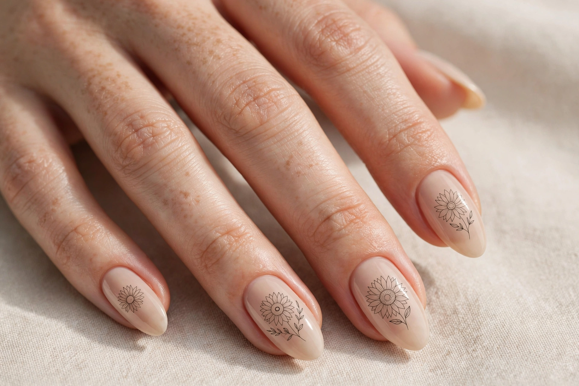 Minimalist sunflower outline on nude nails