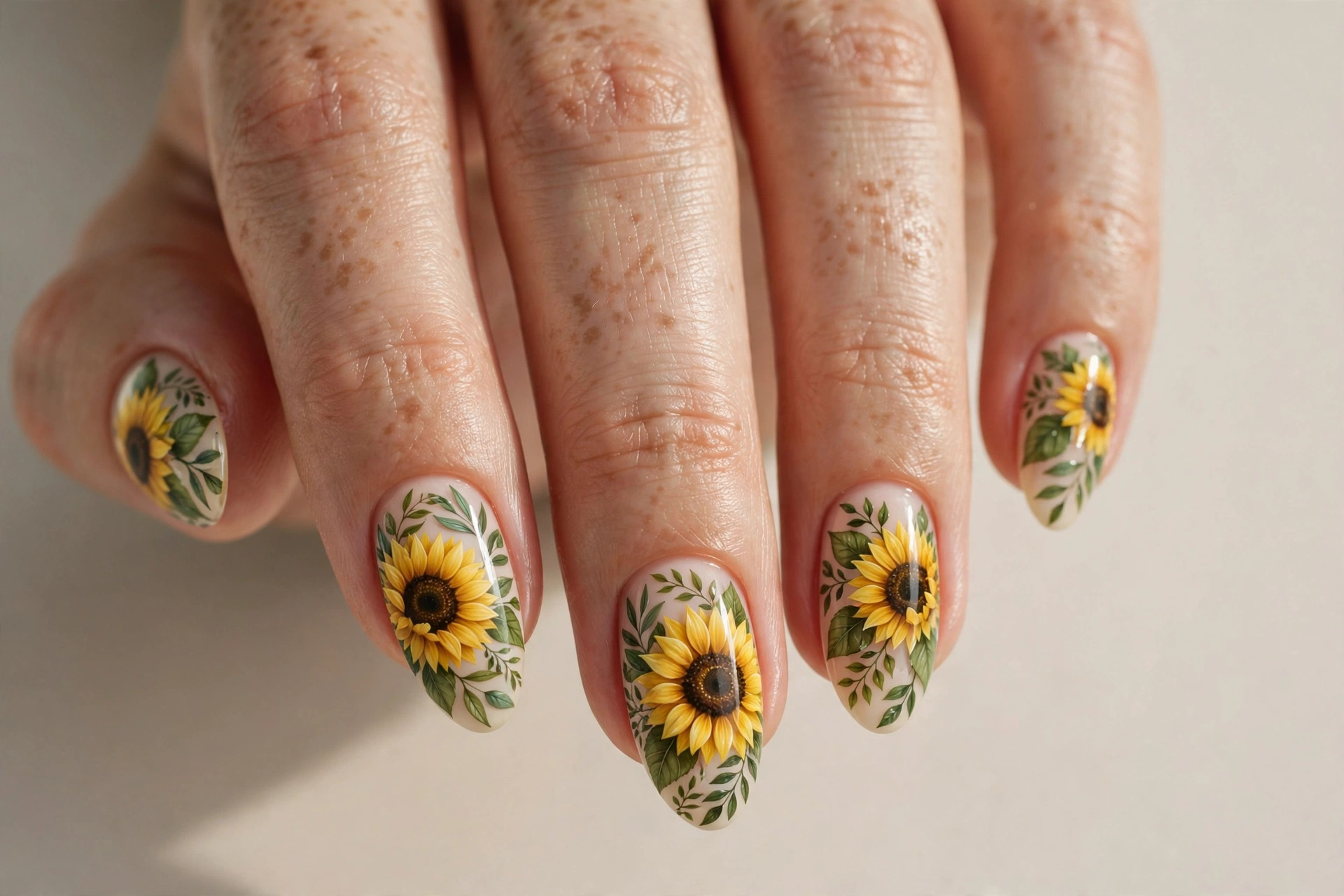 Sunflowers with green leaves botanical nail art