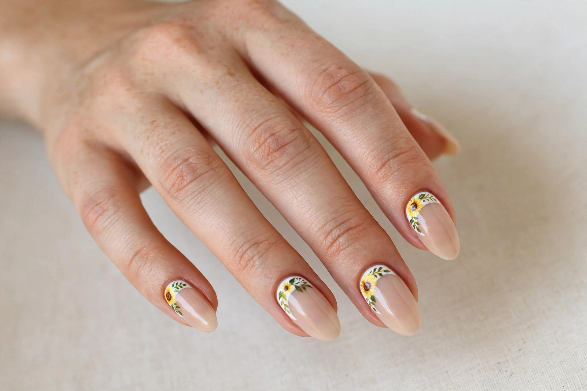 Sunflower half moon nail art at cuticle