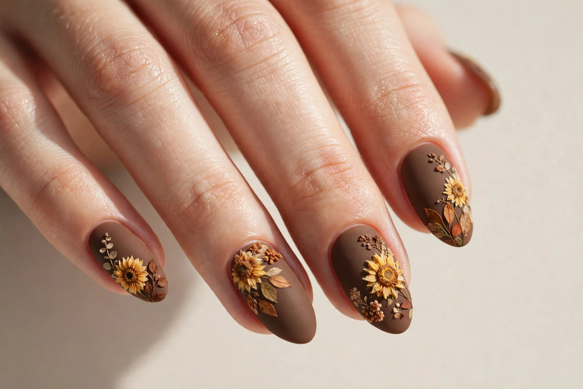 Rustic sunflowers on brown nails