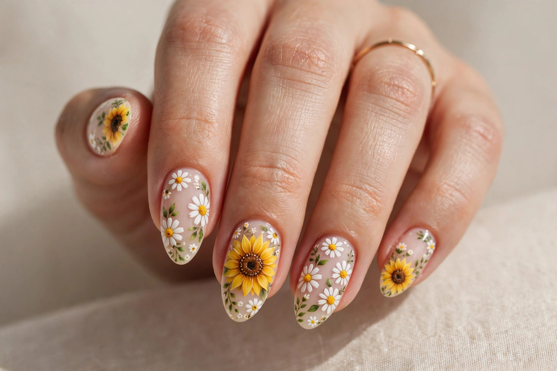 Sunflowers and white daisies mixed floral nail art