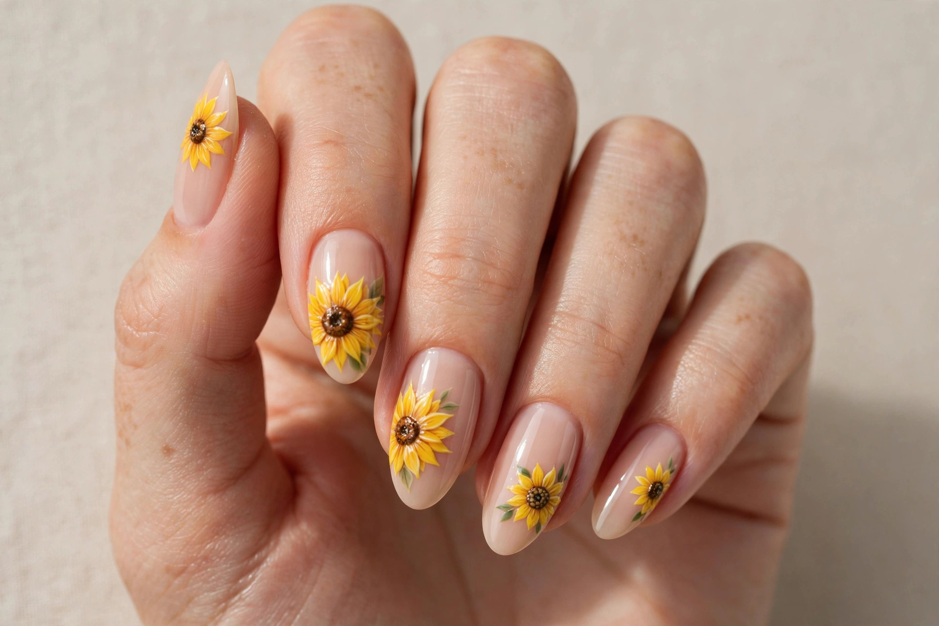 Close-up of a woman's hand with cheerful yellow sunflower nail art on nude fall manicure on almond shaped nails
