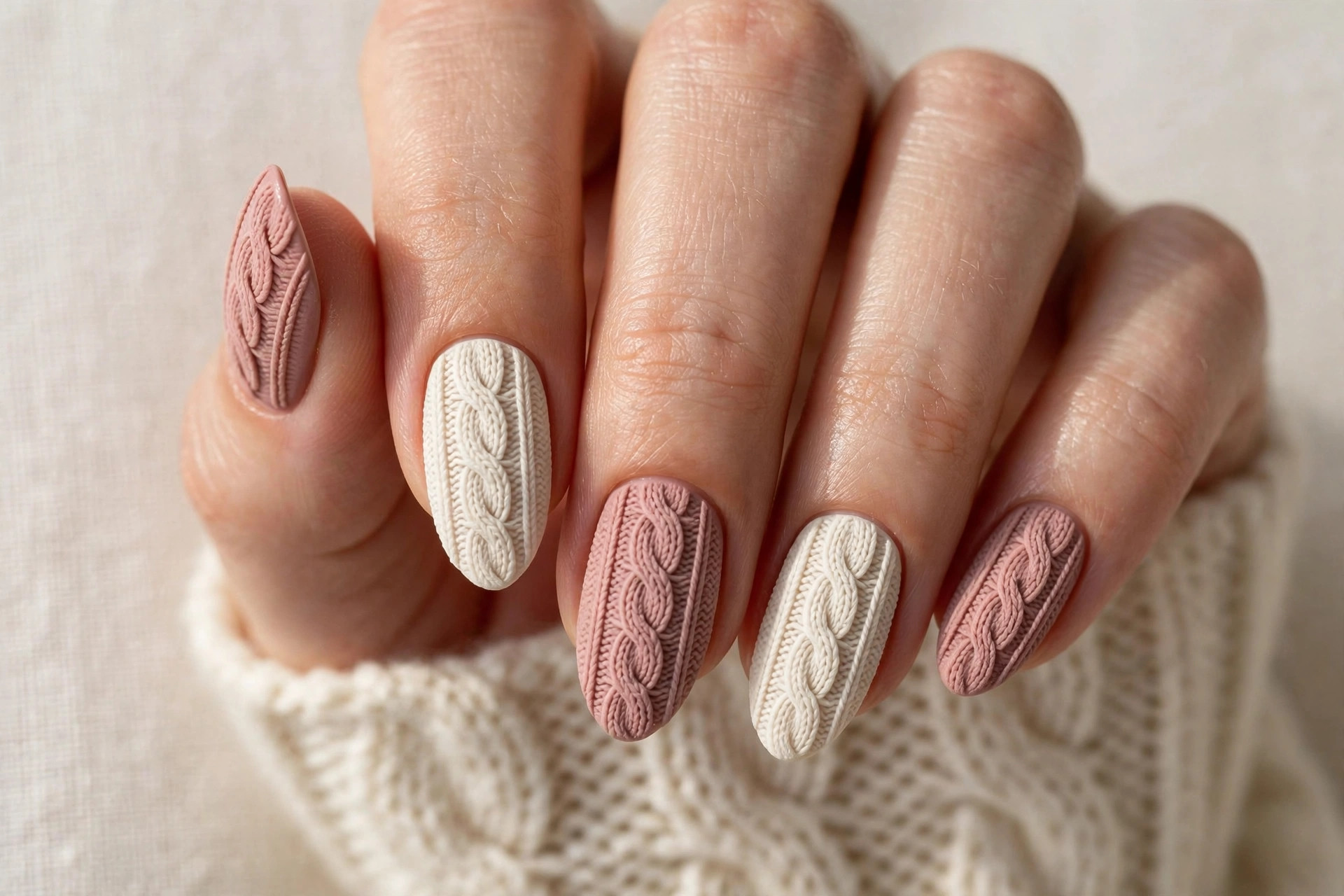 Cozy cable-knit sweater texture fall nail art