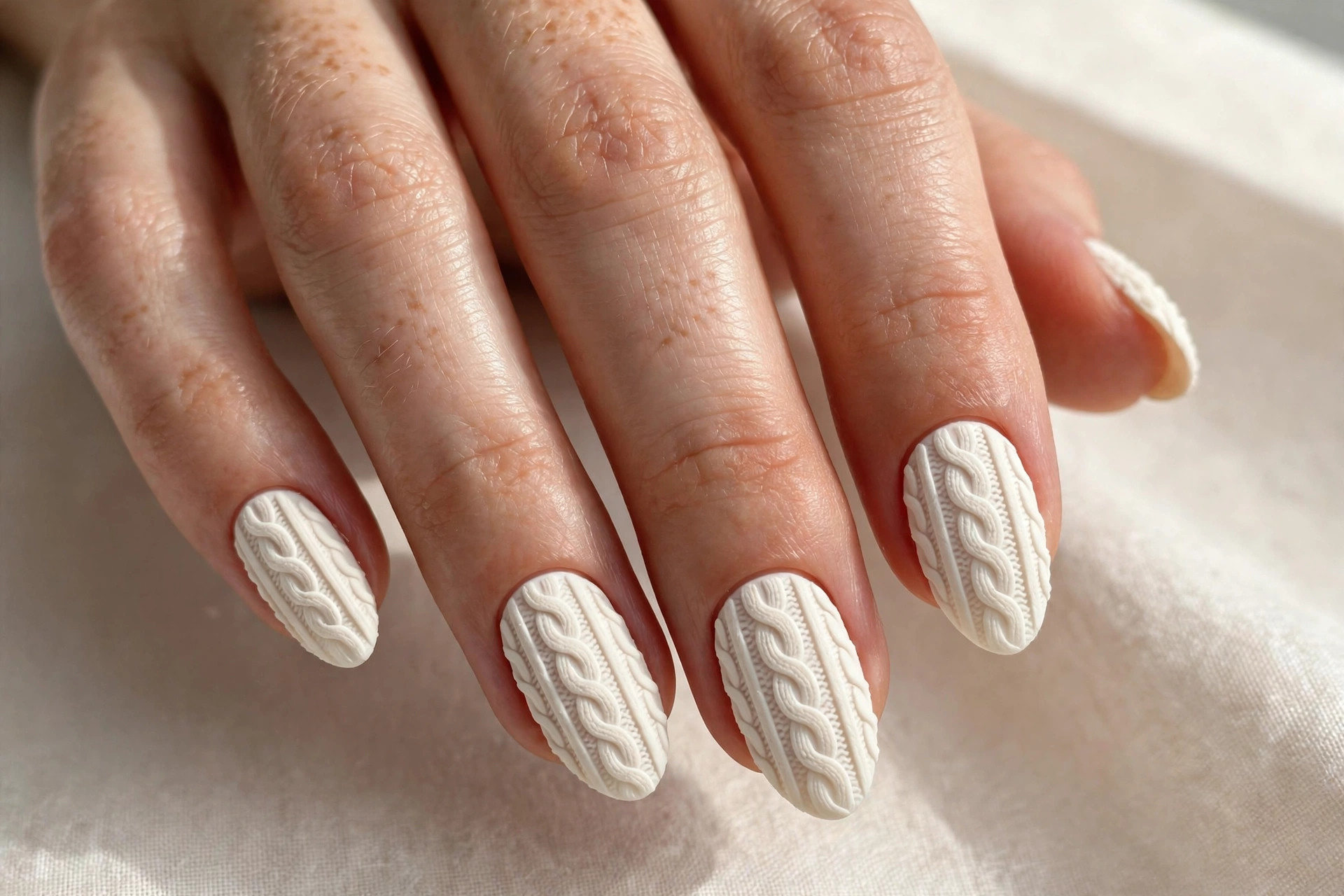 Cream white almond nails with 3D cable-knit sweater texture nail art
