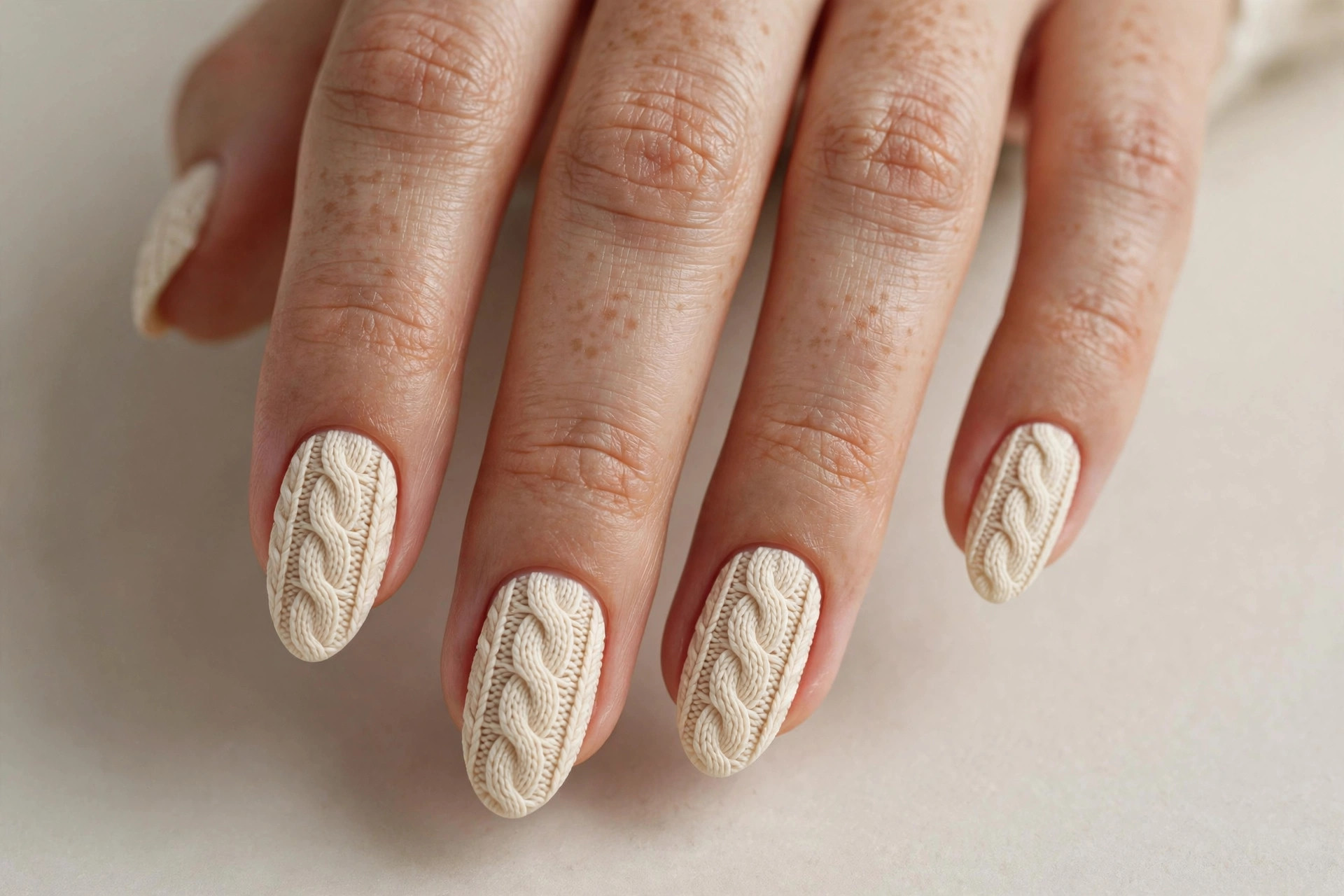 Close-up of a woman's hand with cream cable-knit sweater pattern fall nail art on almond shaped nails