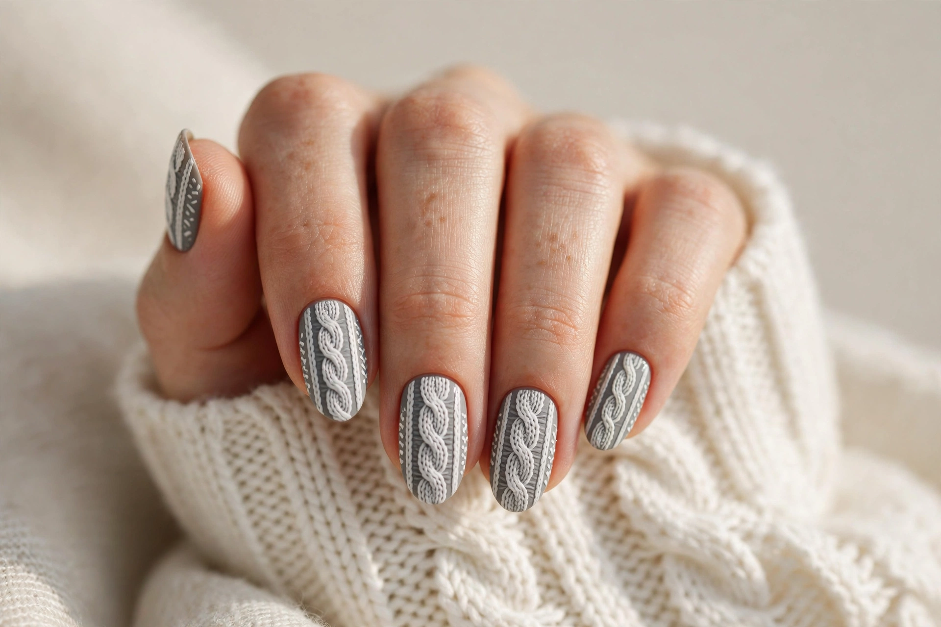White knit sweater pattern on grey nails