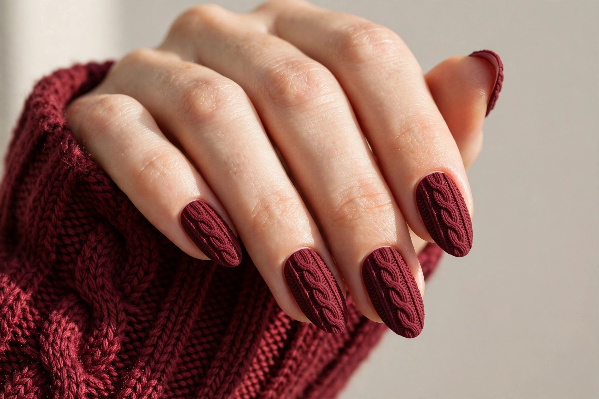 Burgundy cable knit sweater nails