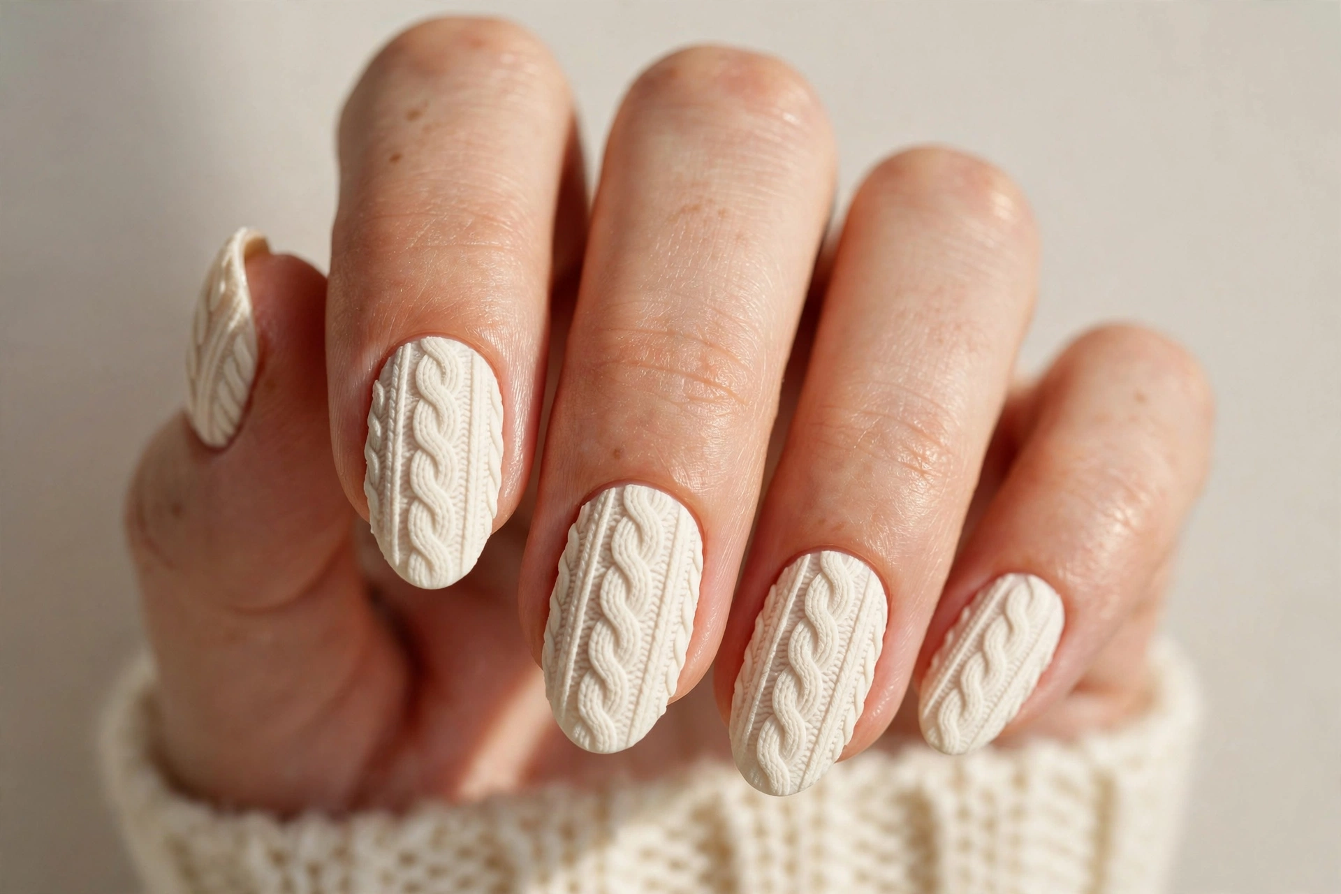 Cream 3D sweater knit texture nails