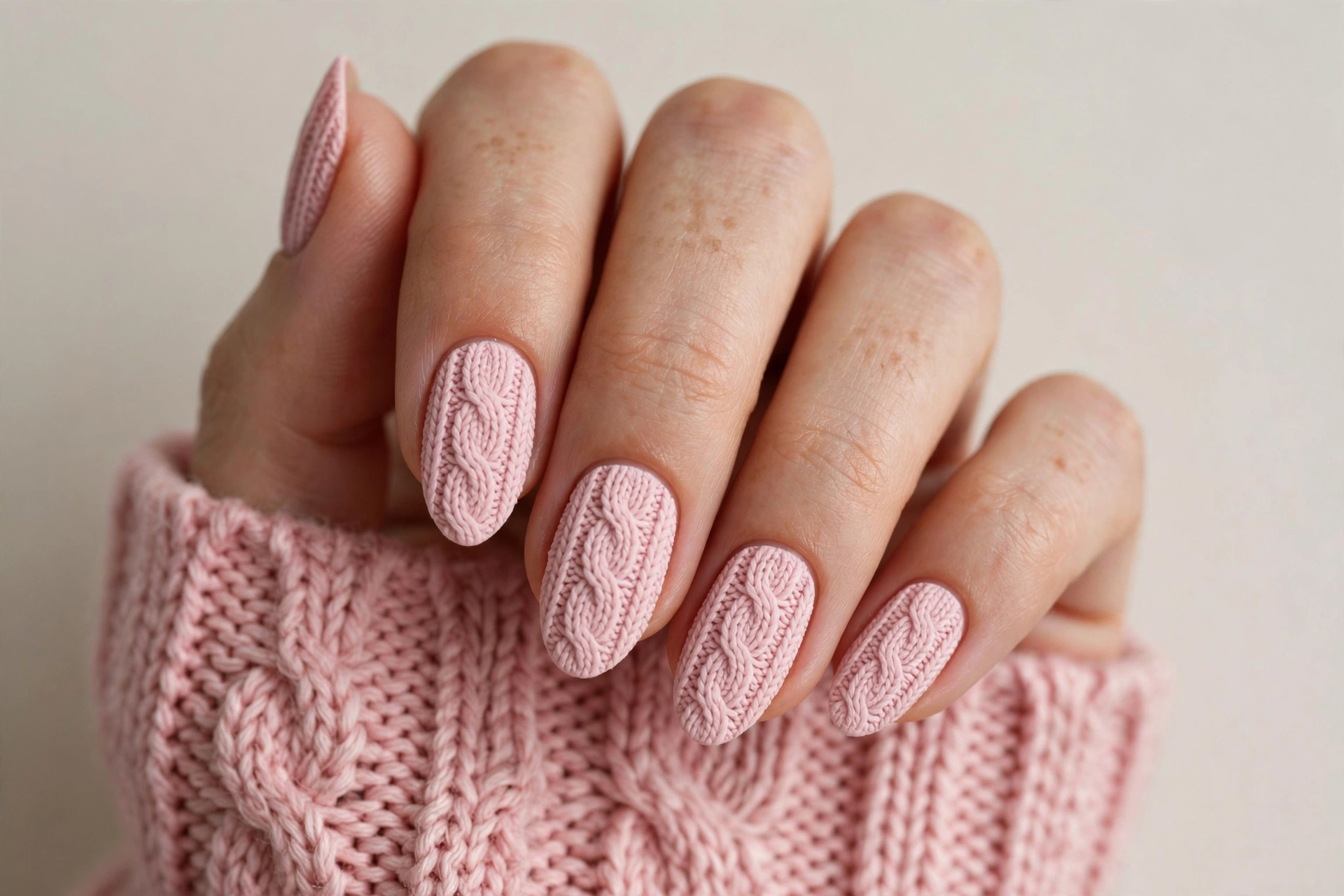 Soft pink knit sweater nails