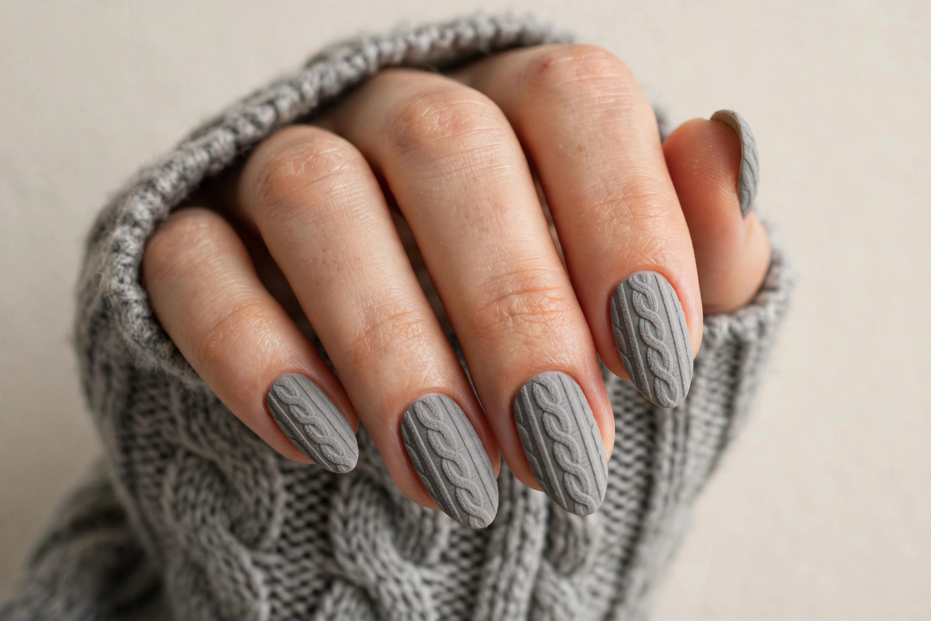 Matte grey cable knit sweater nails