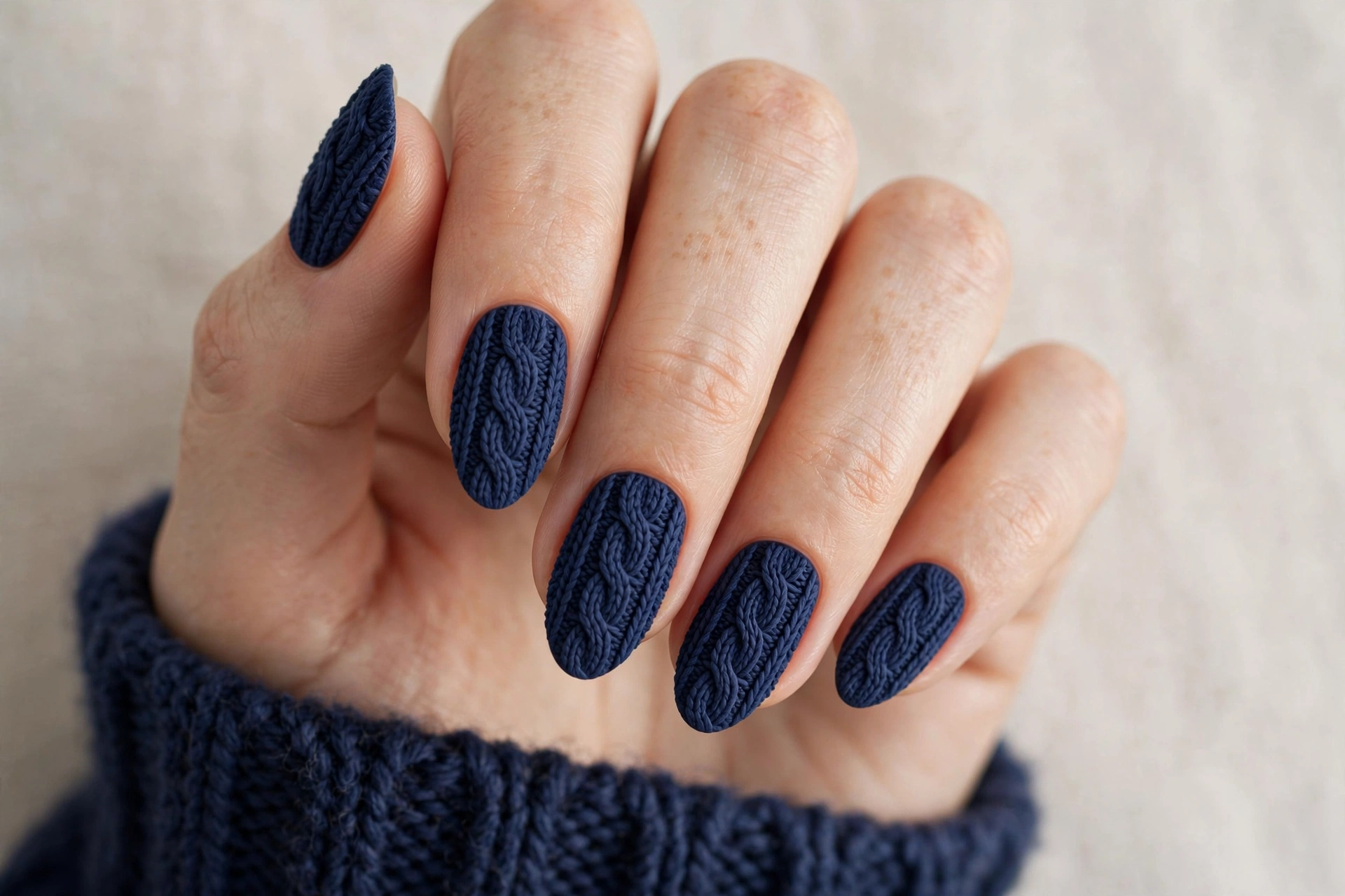Navy blue knit sweater nails
