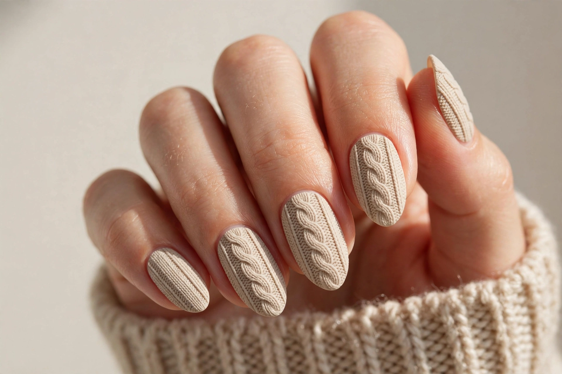 Beige matte knit sweater nails