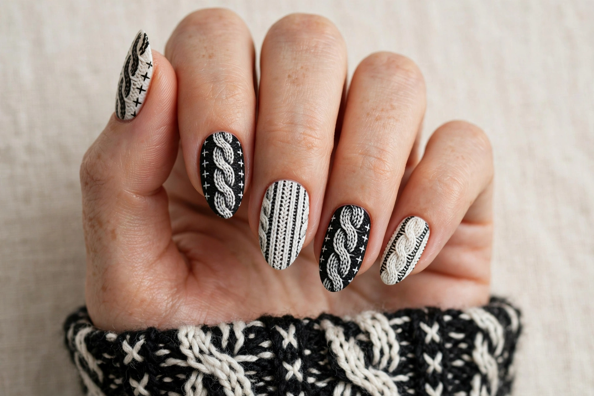 Black and white knit pattern sweater nails