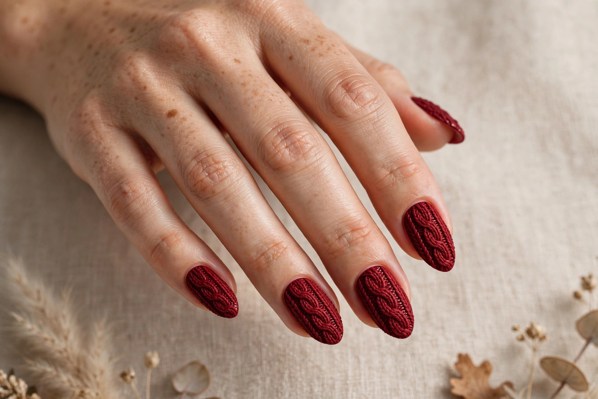 Deep red sweater knit nails