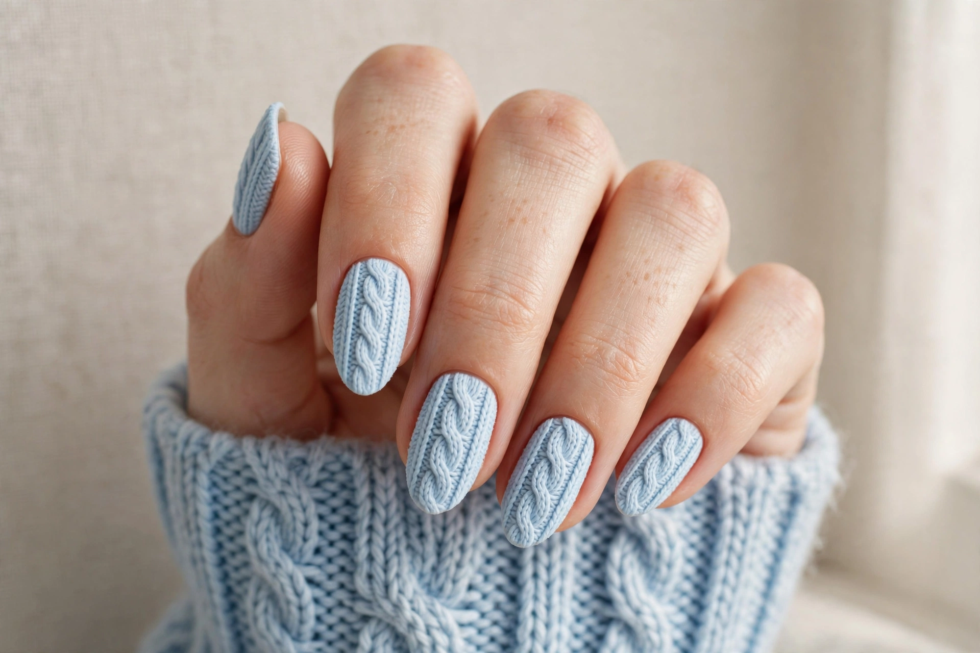 Pastel blue knit sweater nails