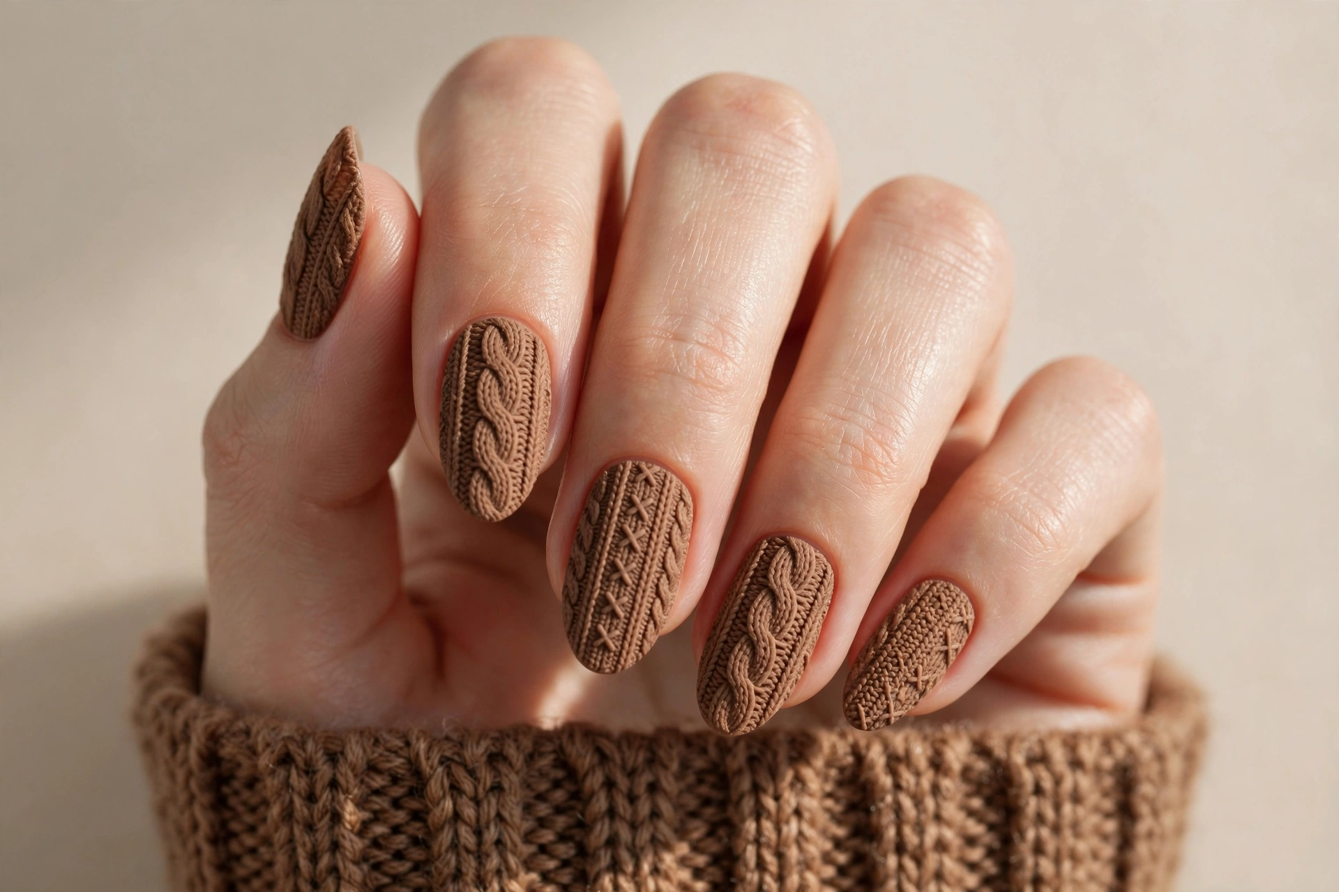 Warm brown knit sweater nails